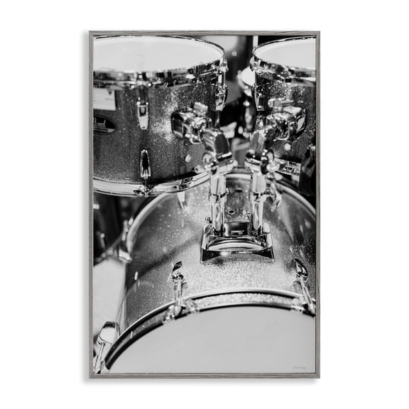 Stupell Industries Drum Set Black & White Entertainment Painting Gray Framed Art Print Wall Art, 12 x 18