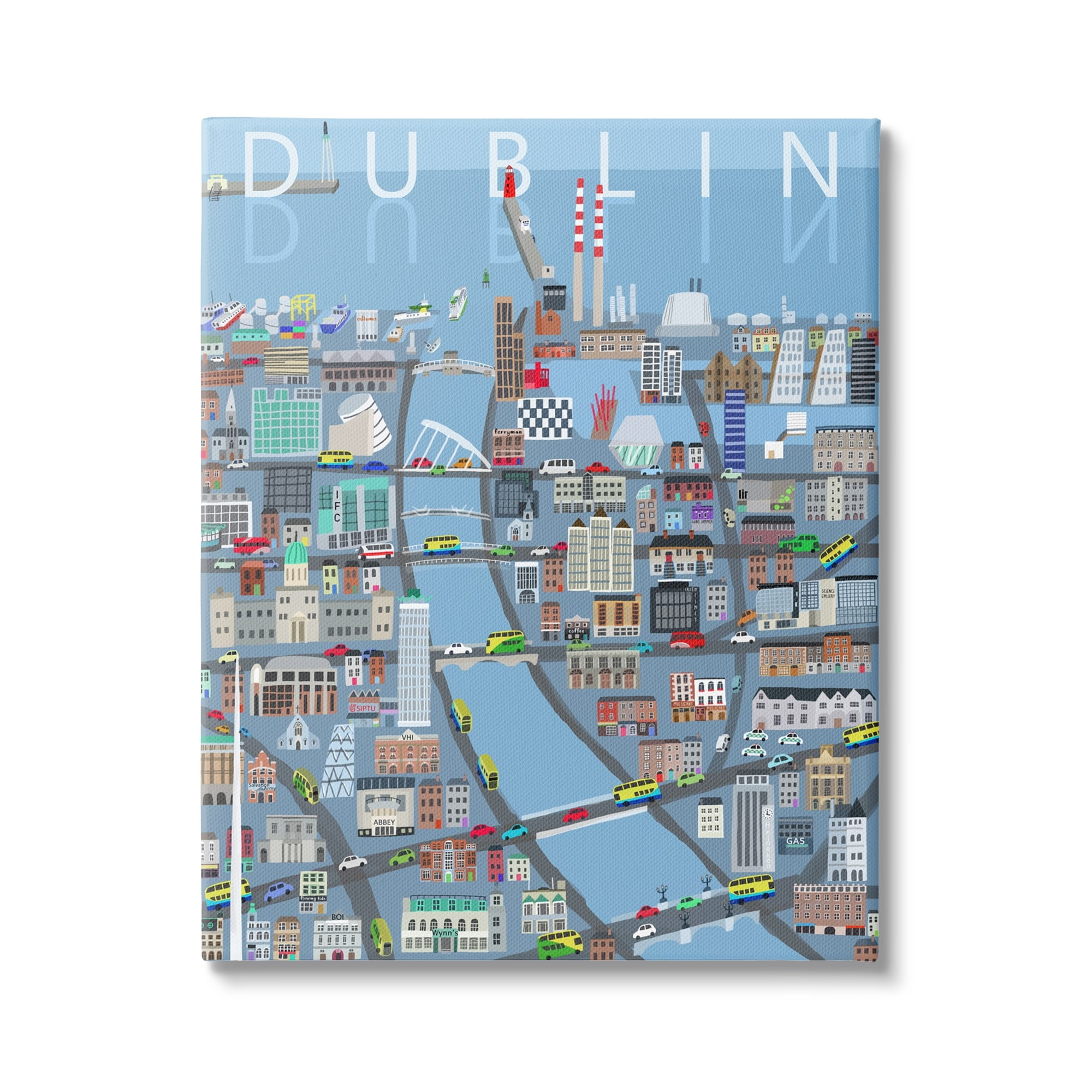Stupell Industries Dublin Coastal City Map Bridges Buildings Design Canvas Wall Art, 36 x 48, Design by Carla Daly