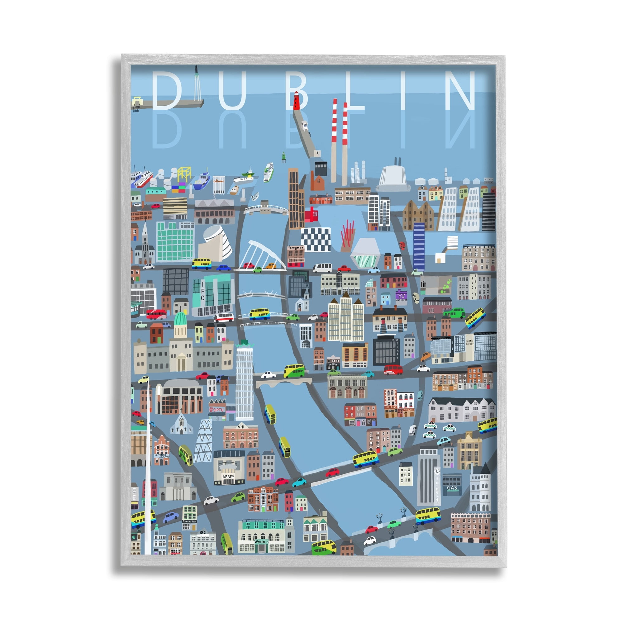 Stupell Industries Dublin Coastal City Map Bridges Buildings Design Framed Wall Art, 24 x 30, Design by Carla Daly