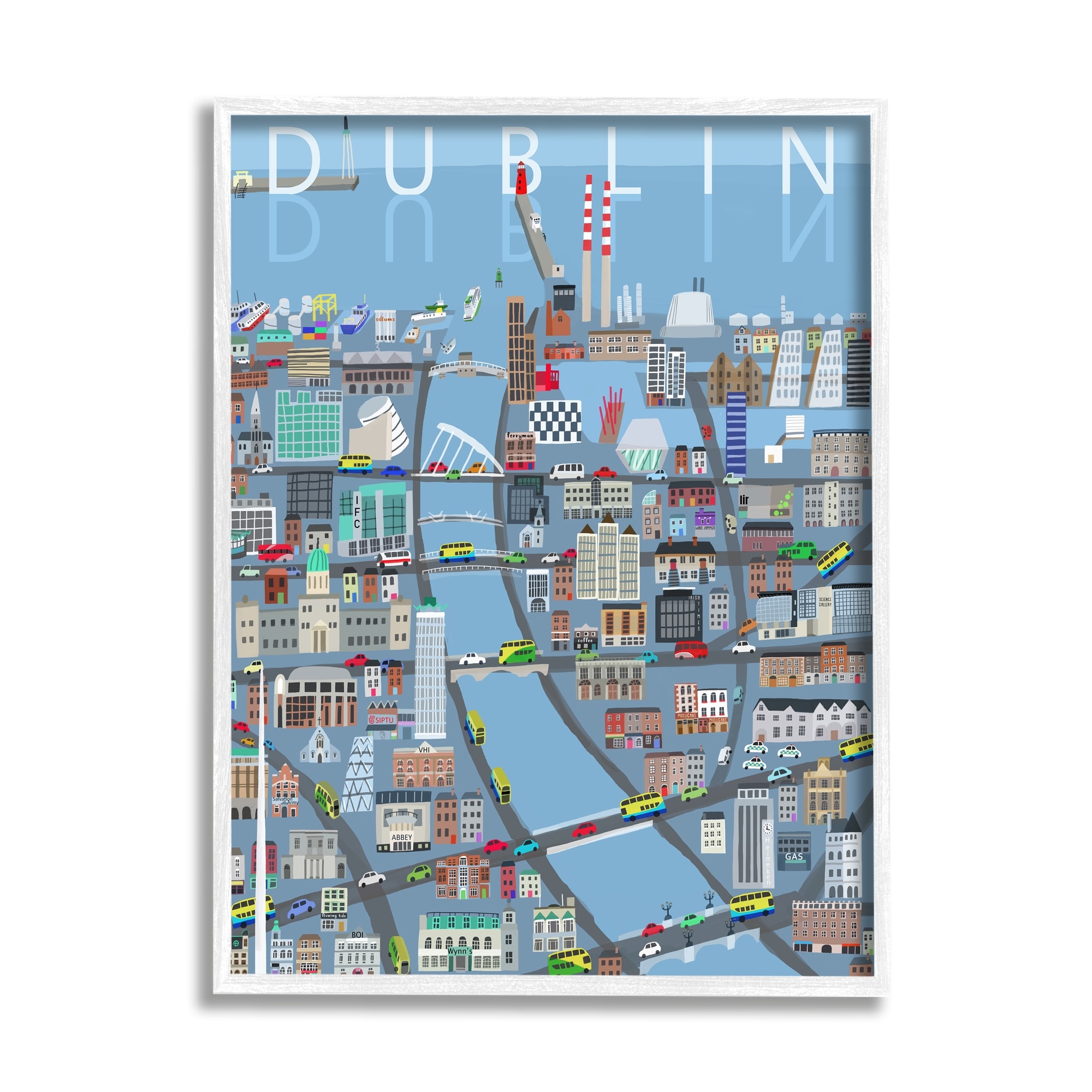 Stupell Industries Dublin Coastal City Map Bridges Buildings Design Framed Wall Art, 24 x 30, Design by Carla Daly