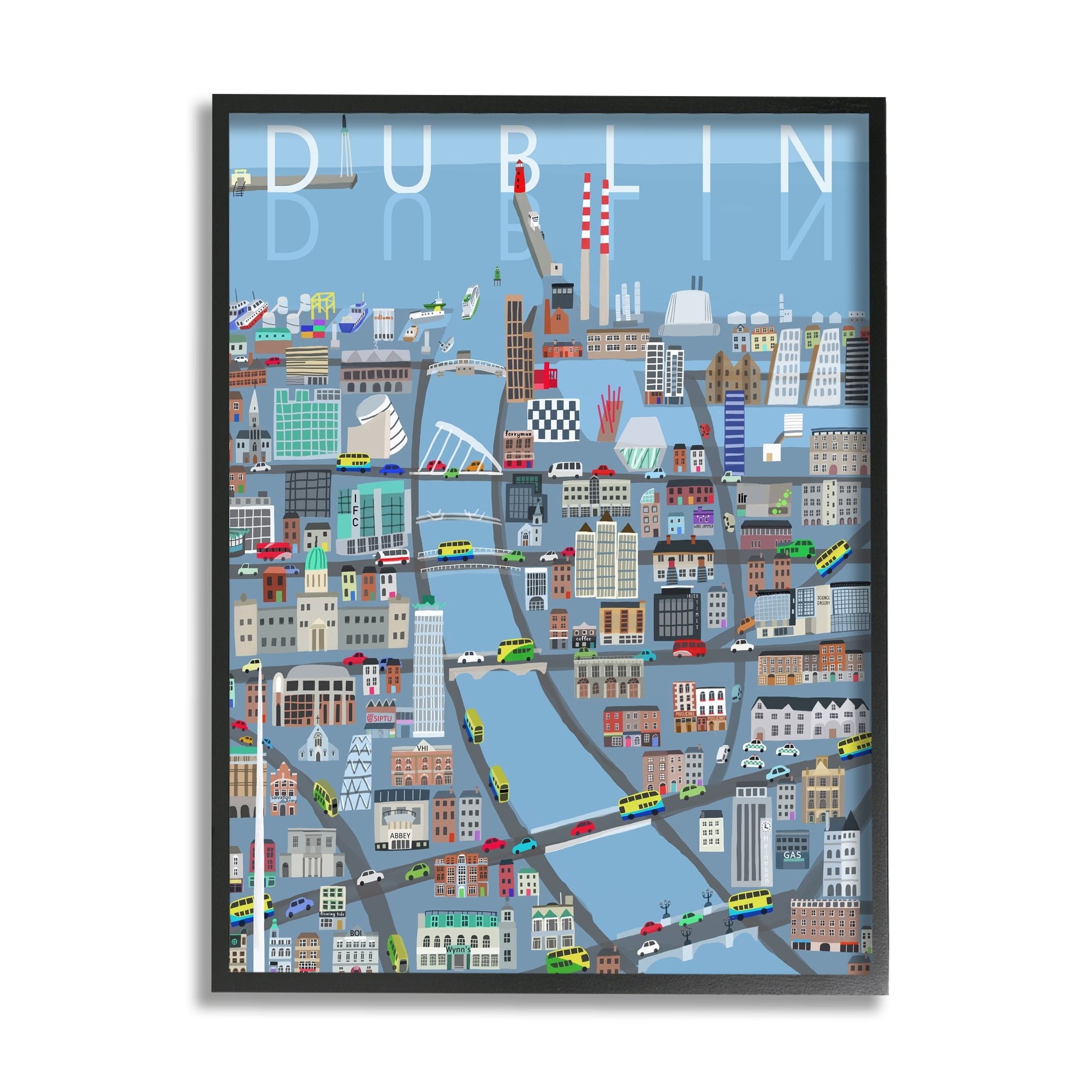 Stupell Industries Dublin Coastal City Map Bridges Buildings Design Framed Wall Art, 24 x 30, Design by Carla Daly