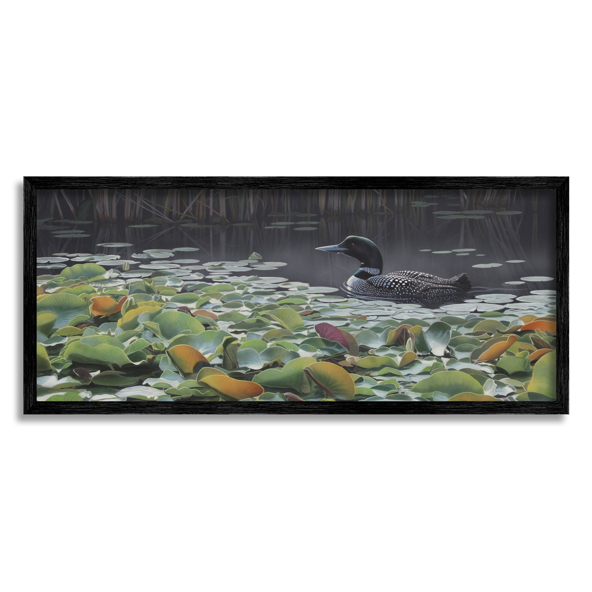 Stupell Industries Duck Among Pond Lilies Animals & Insects Painting Black Framed Art Print Wall Art, 30 x 13