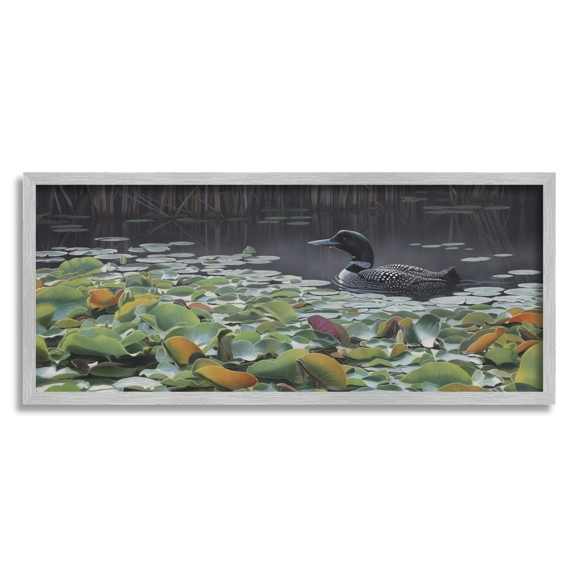 Stupell Industries Duck Among Pond Lilies Animals & Insects Painting Gray Framed Art Print Wall Art, 24 x 10