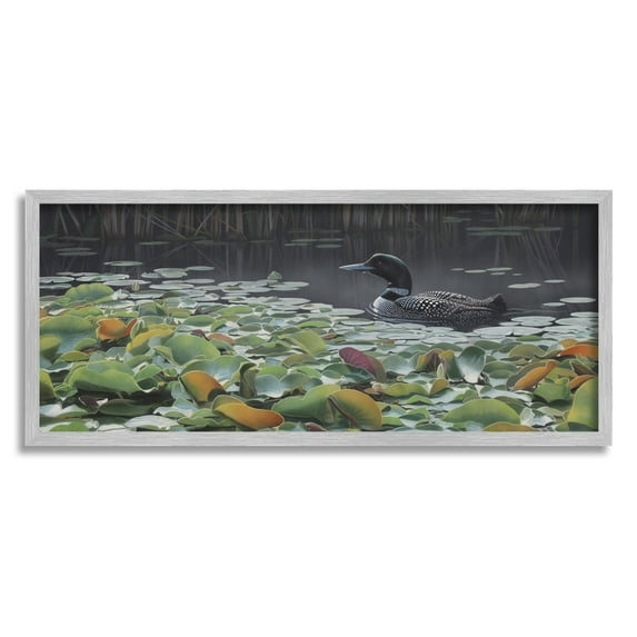 Stupell Industries Duck Among Pond Lilies Animals & Insects Painting Gray Framed Art Print Wall Art, 30 x 13