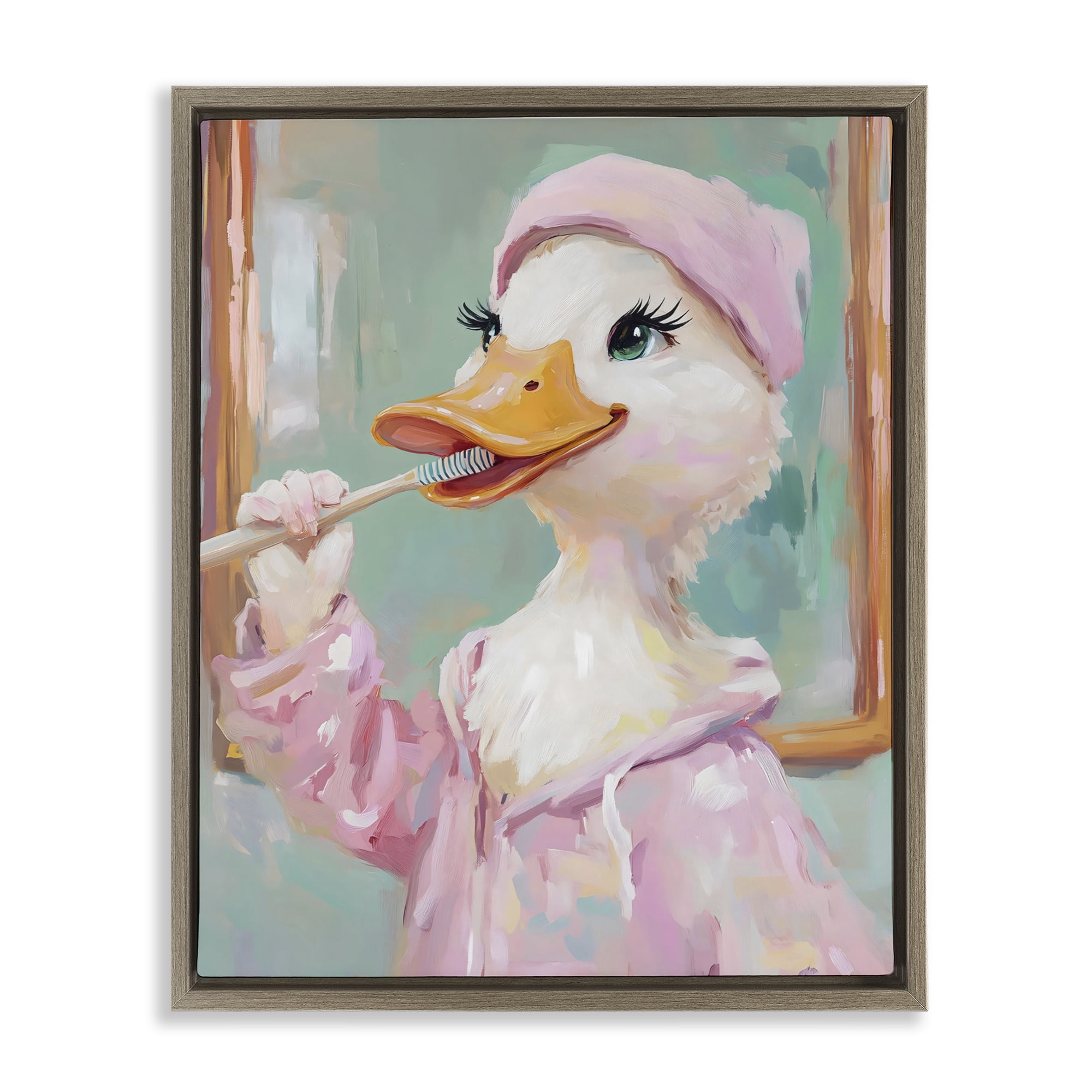 Stupell Industries Duck Brushing Teeth Brown Framed Floater Canvas Wall Art, design by The Prints Vibe