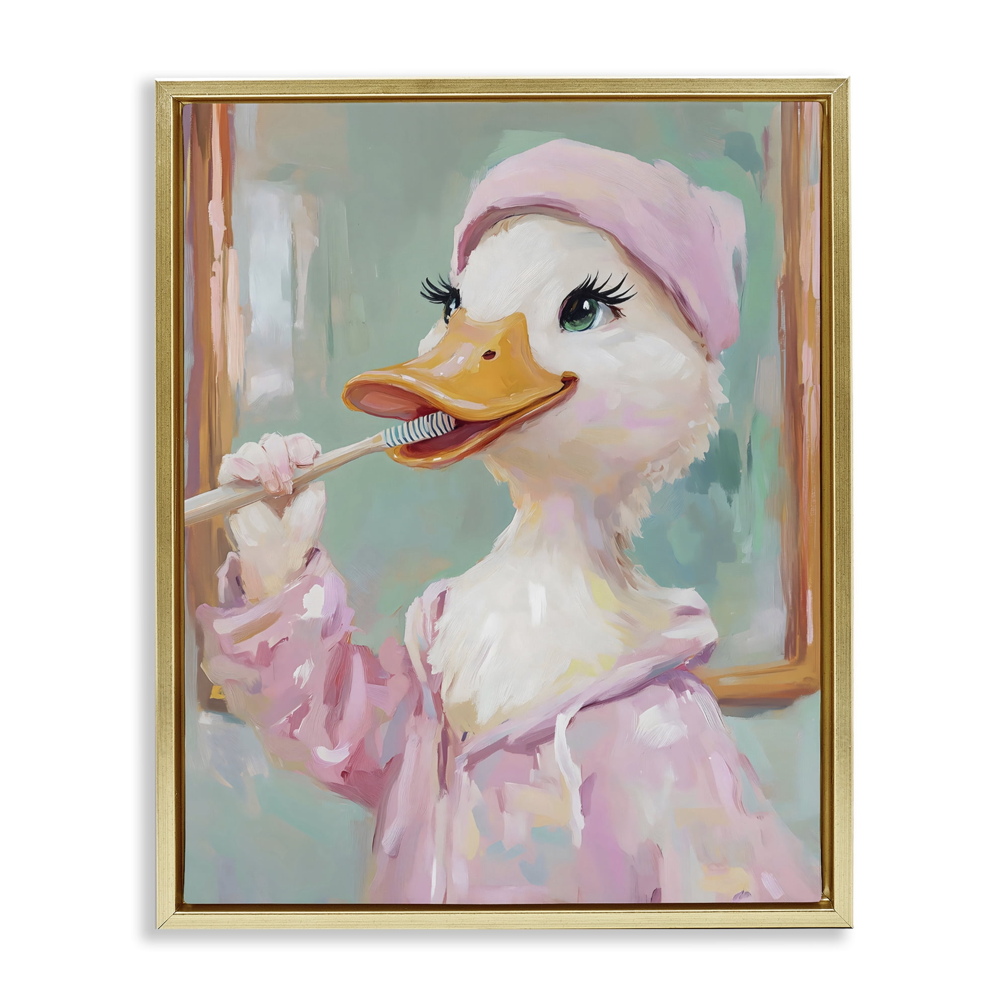 Stupell Industries Duck Brushing Teeth Gold Framed Floater Canvas Wall Art, design by The Prints Vibe