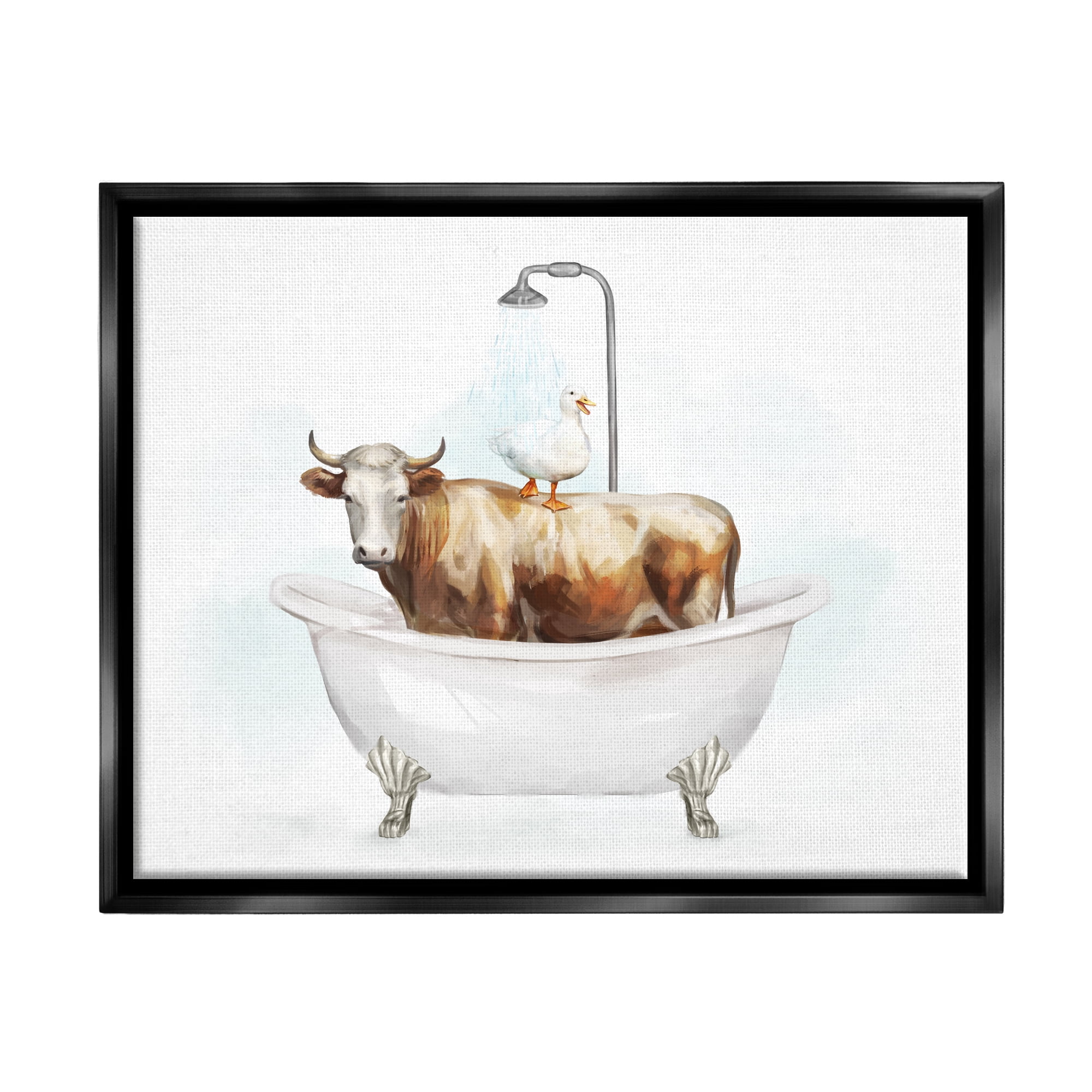 Stupell Industries Duck & Cow in Tub Animals & Insects Painting Black Floater Framed Canvas Art Print Wall Art, 31 x 25