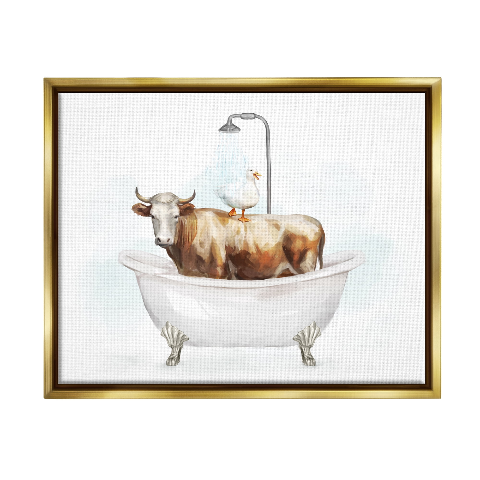 Stupell Industries Duck & Cow in Tub Animals & Insects Painting Gold Floater Framed Canvas Art Print Wall Art, 21 x 17