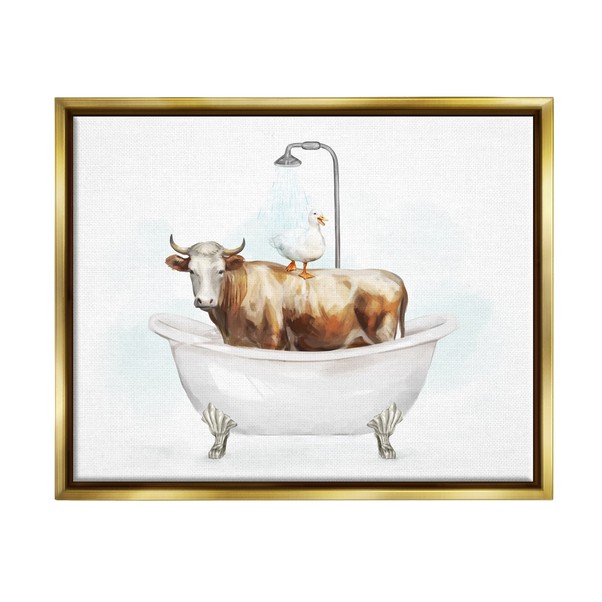 Stupell Industries Duck & Cow in Tub Animals & Insects Painting Gold Floater Framed Canvas Art Print Wall Art, 31 x 25