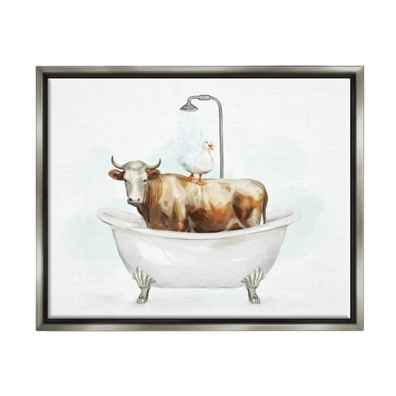 Stupell Industries Duck & Cow in Tub Animals & Insects Painting Gray Floater Framed Canvas Art Print Wall Art, 21 x 17