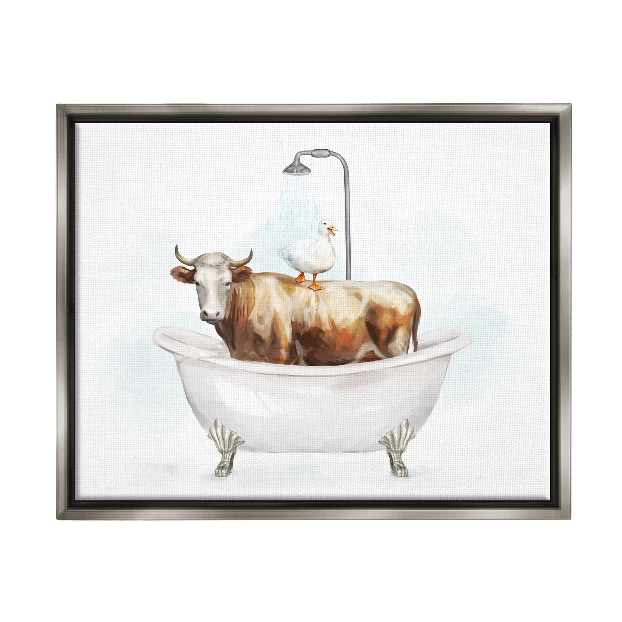 Stupell Industries Duck & Cow in Tub Animals & Insects Painting Gray Floater Framed Canvas Art Print Wall Art, 31 x 25