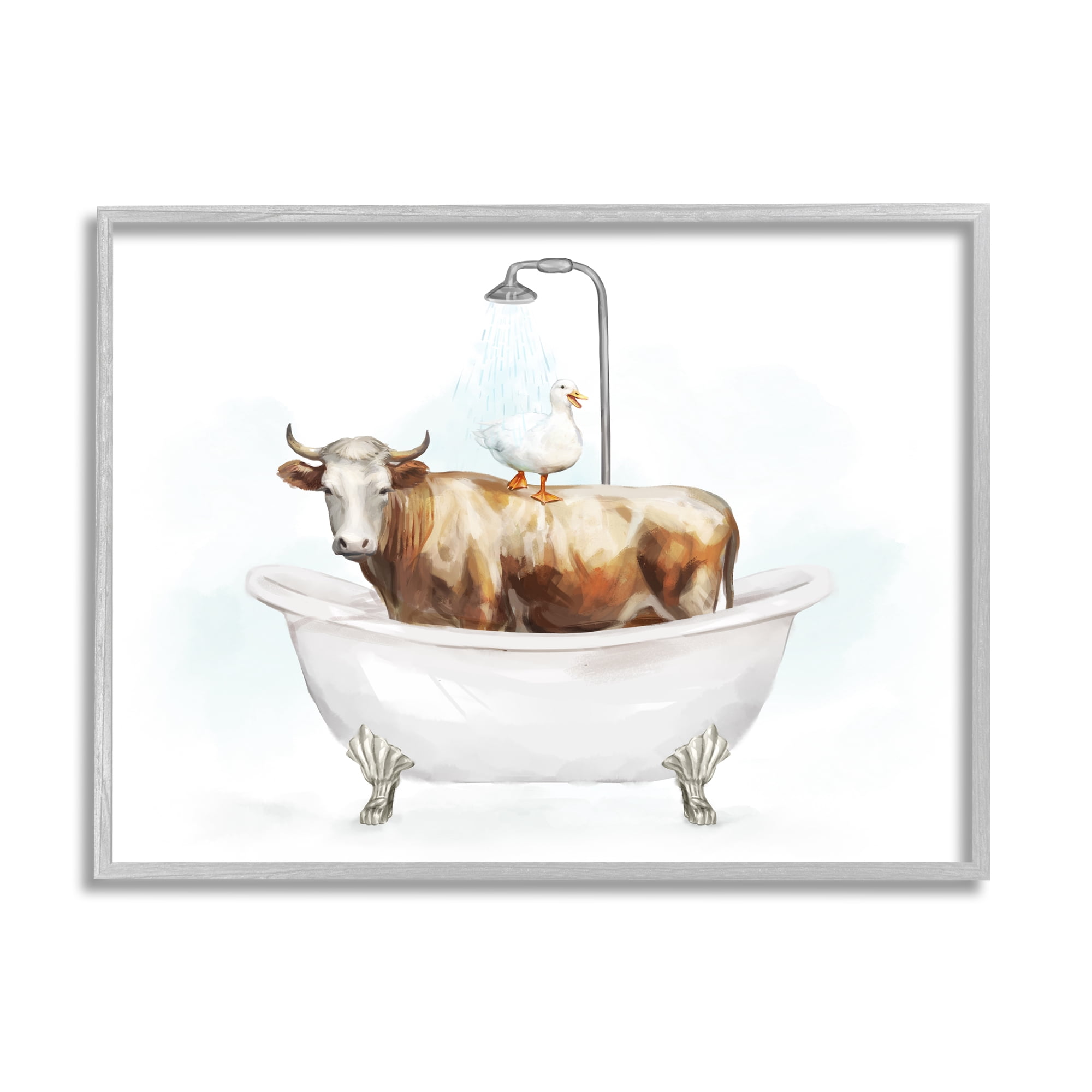 Stupell Industries Duck & Cow in Tub Animals & Insects Painting Gray Framed Art Print Wall Art, 30 x 24