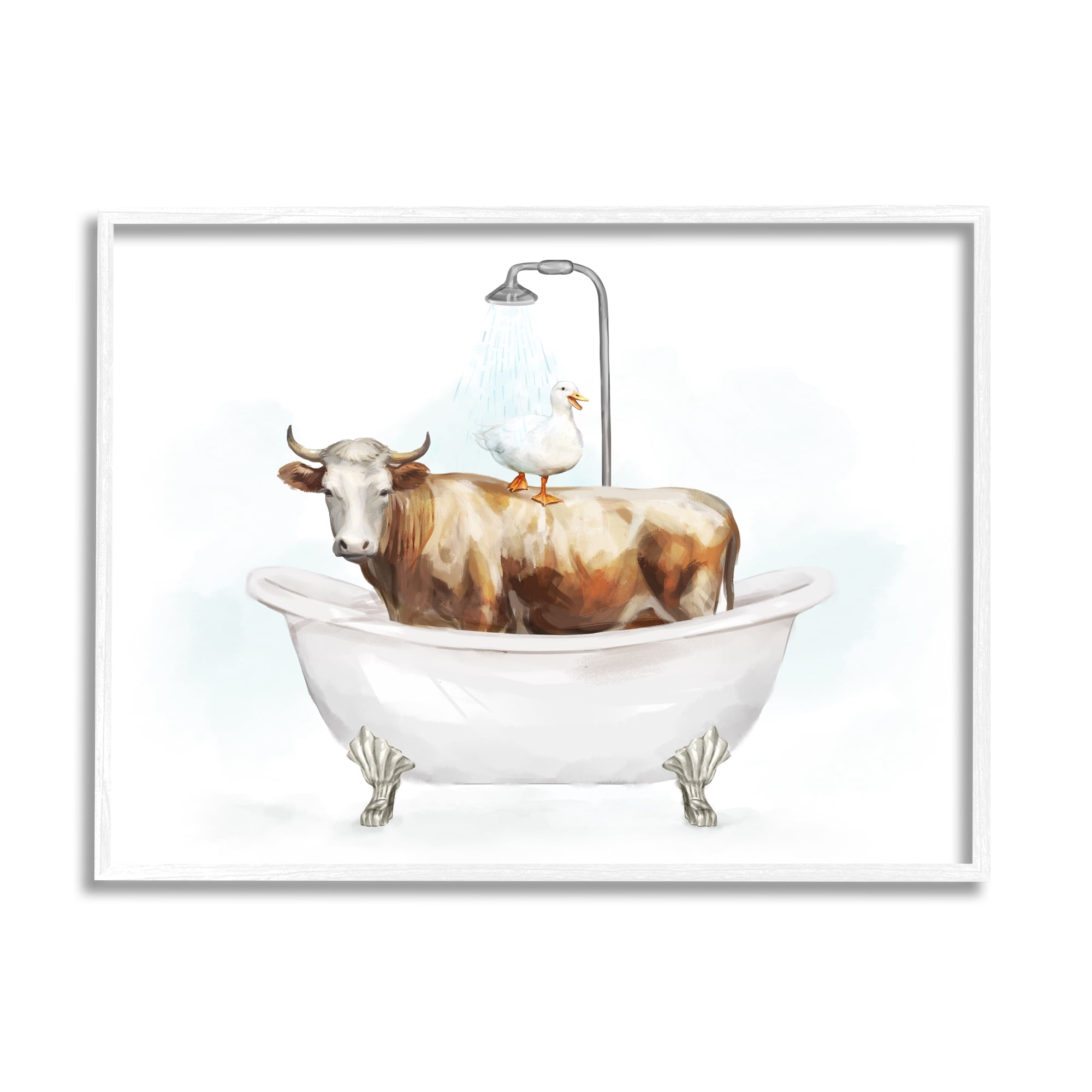 Stupell Industries Duck & Cow in Tub Animals & Insects Painting White Framed Art Print Wall Art, 30 x 24