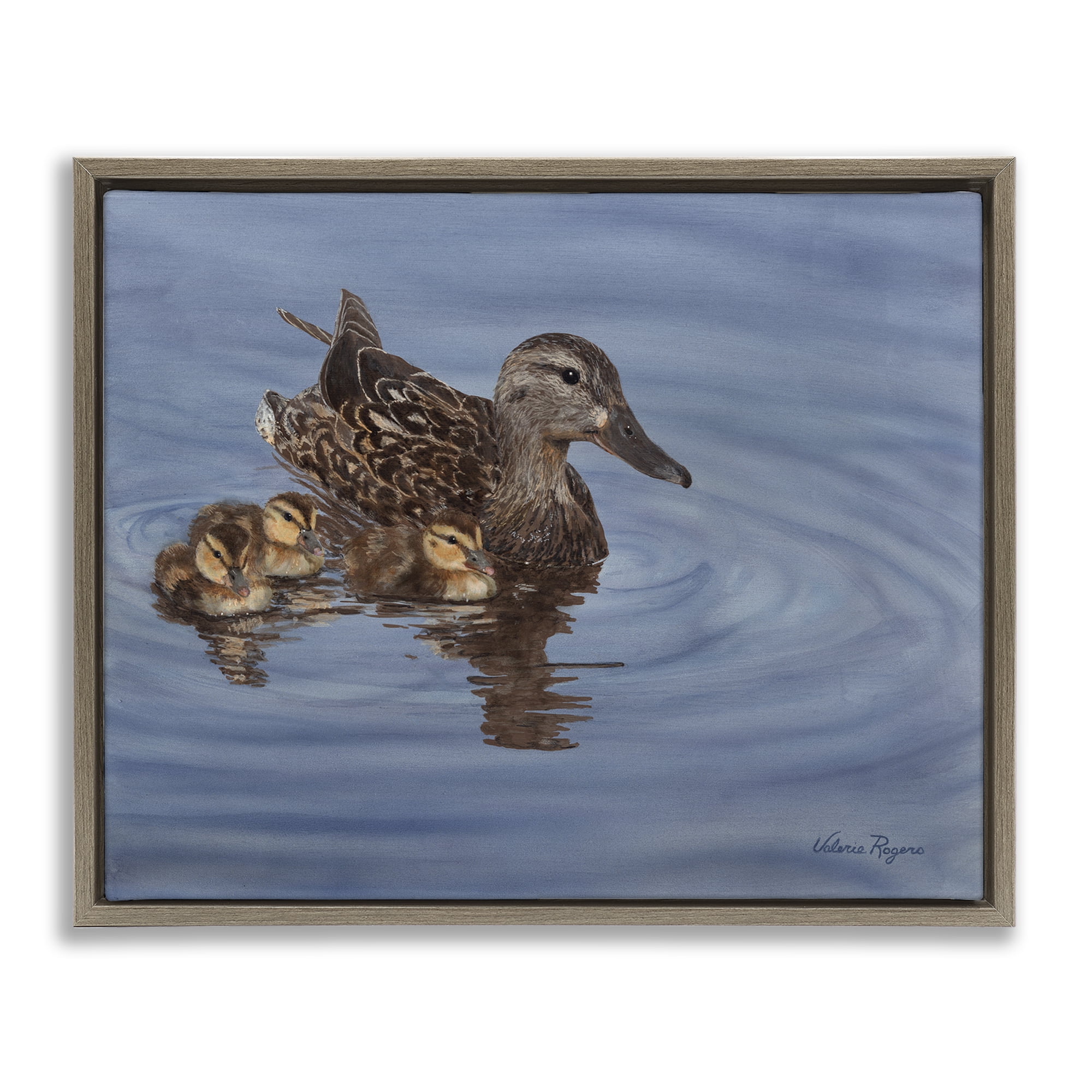 Stupell Industries Duck Family Ripples Animals Painting Brown Floater Framed Canvas Art Print Wall Art, 21 x 17