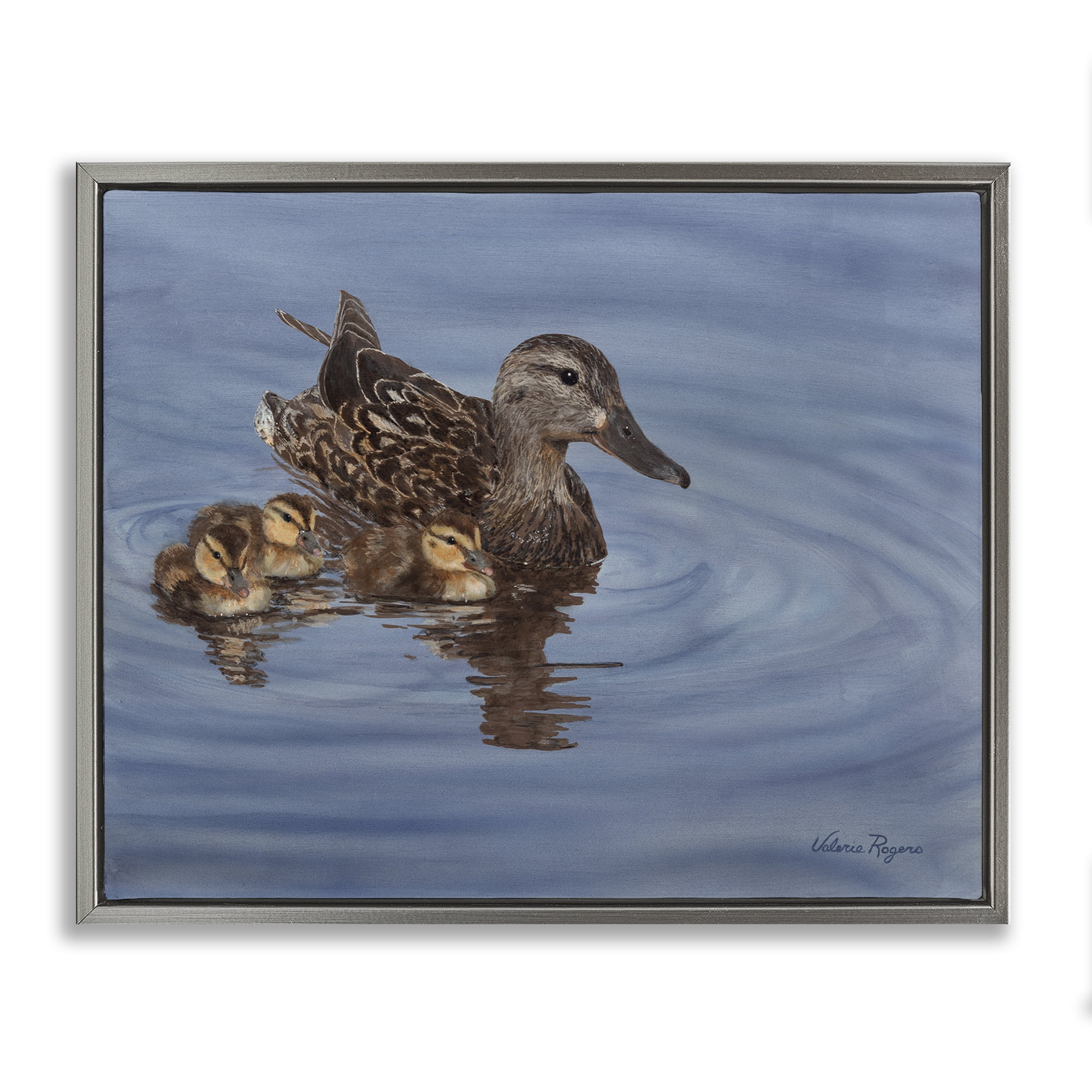 Stupell Industries Duck Family Ripples Animals Painting Gray Floater Framed Canvas Art Print Wall Art, 31 x 25