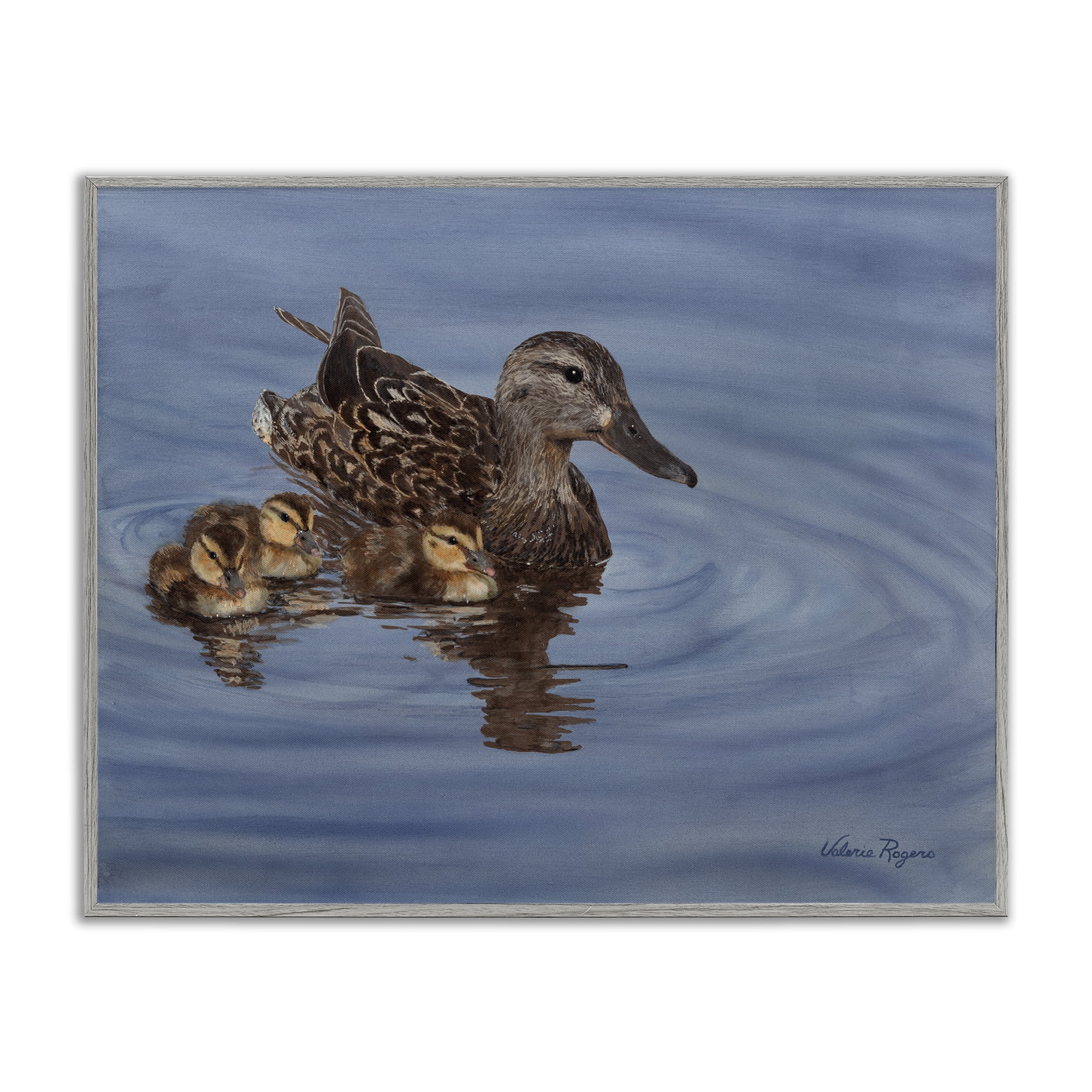 Stupell Industries Duck Family Ripples Animals Painting Gray Framed Art Print Wall Art, 14 x 11