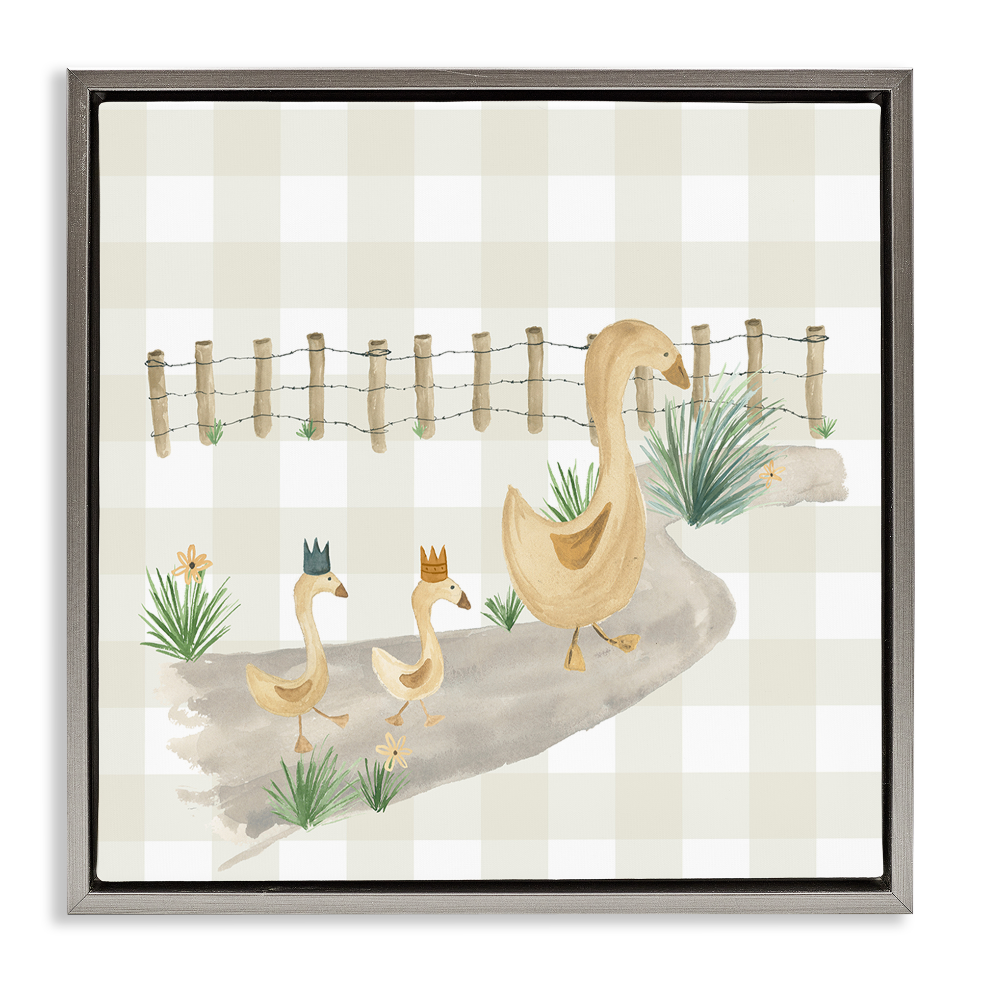 Stupell Industries Duck Family Strolling Animals Painting Gray Floater Framed Canvas Art Print Wall Art, 18 x 18