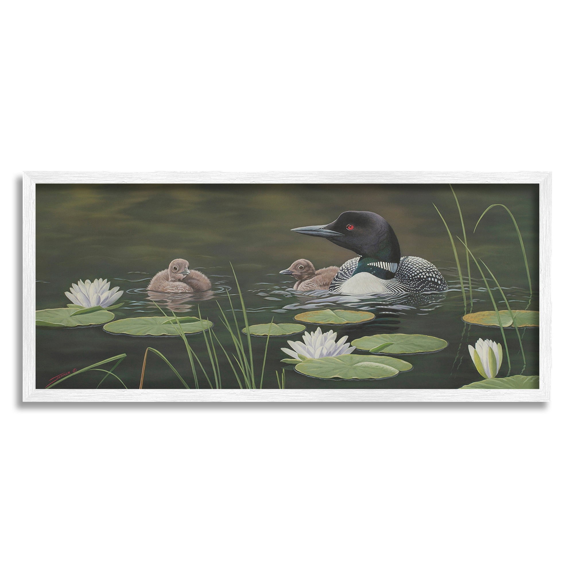 Stupell Industries Duck Family in Pond Animals & Insects Painting White Framed Art Print Wall Art, 24 x 10