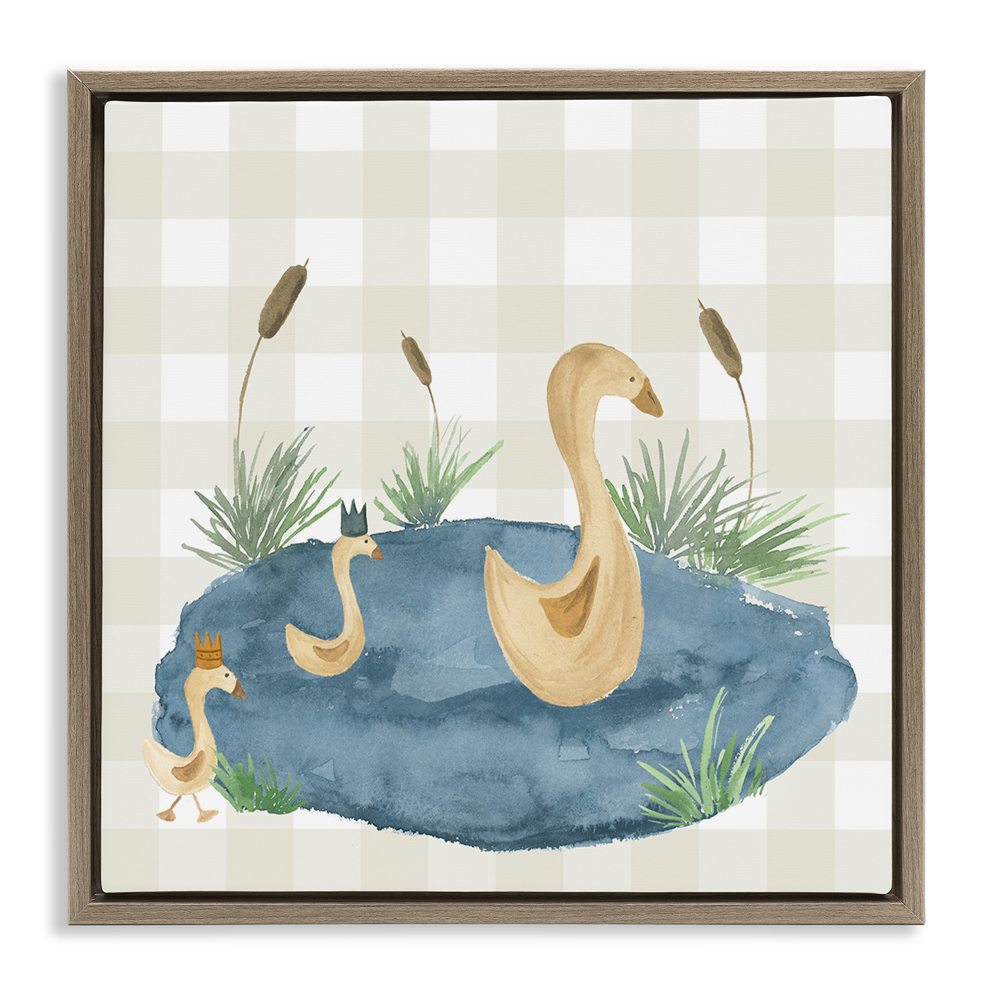 Stupell Industries Duck Family in Pond Animals Painting Brown Floater Framed Canvas Art Print Wall Art, 18 x 18