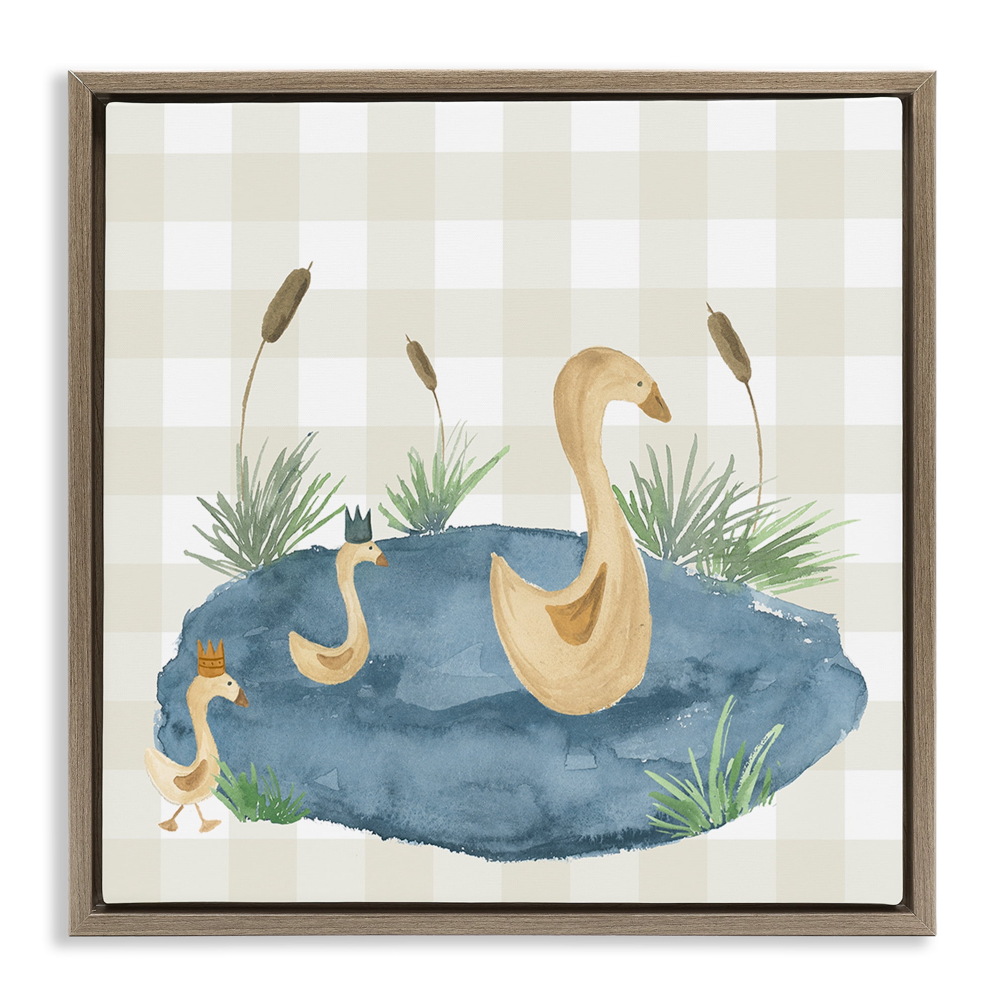 Stupell Industries Duck Family in Pond Animals Painting Brown Floater Framed Canvas Art Print Wall Art, 25 x 25