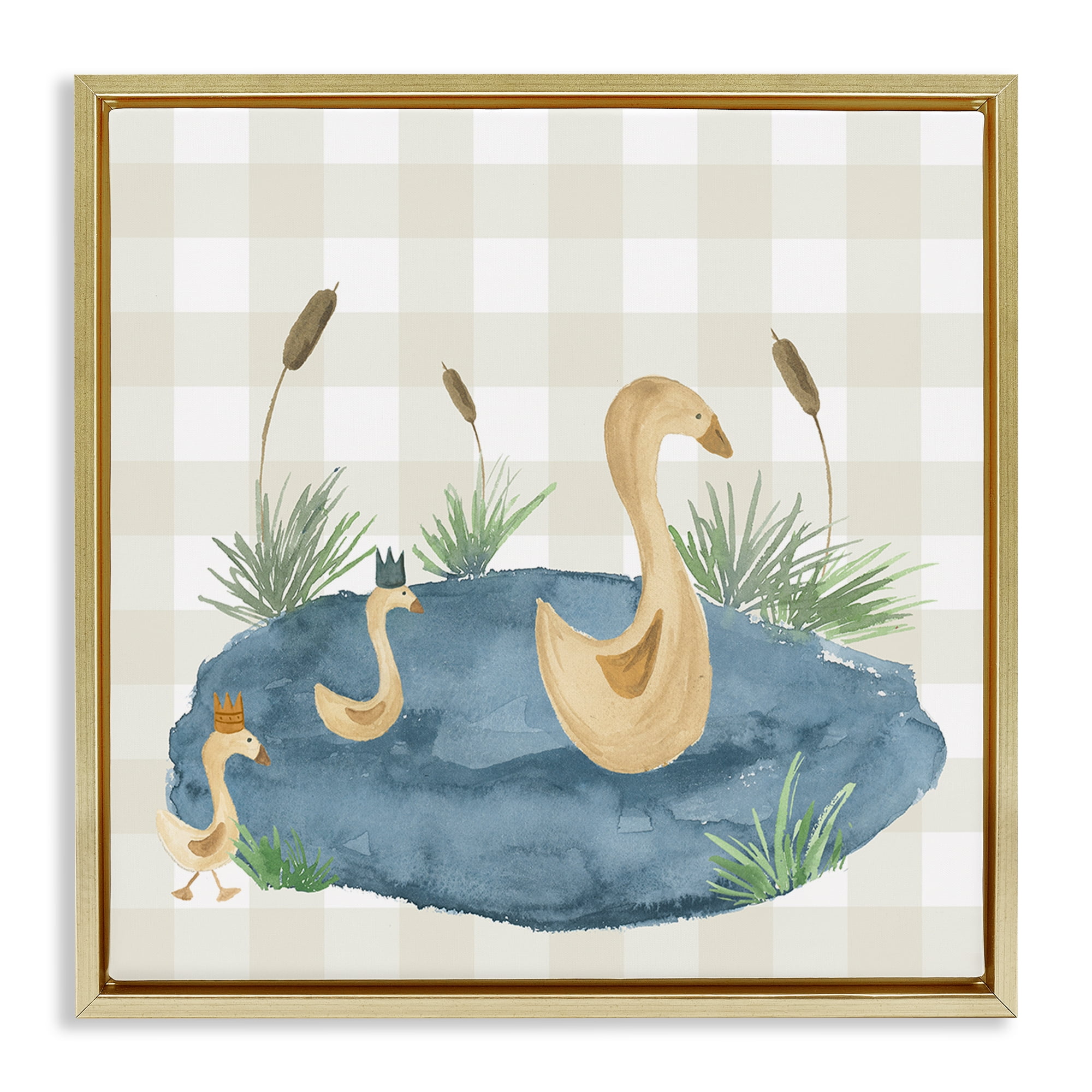 Stupell Industries Duck Family in Pond Animals Painting Gold Floater Framed Canvas Art Print Wall Art, 18 x 18
