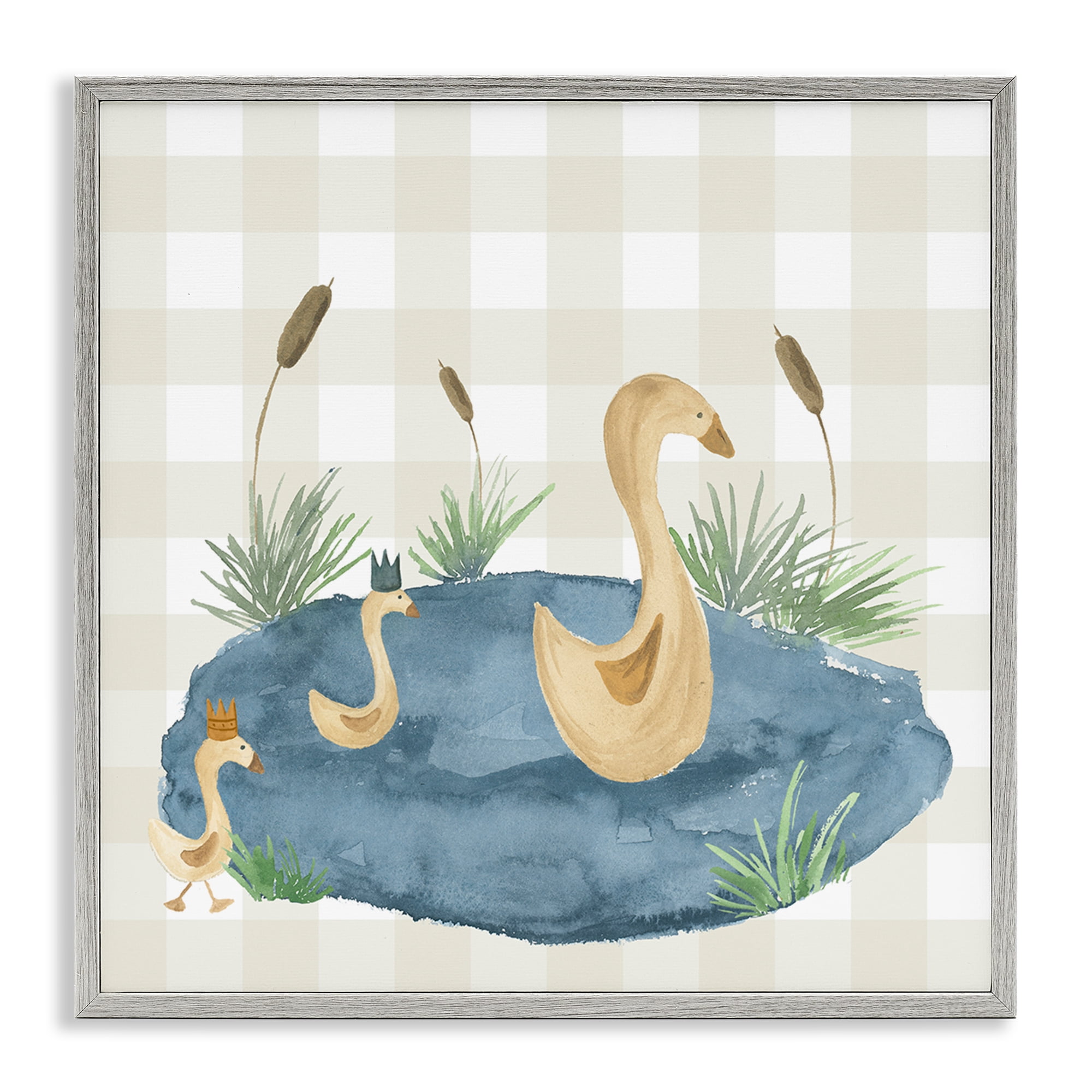 Stupell Industries Duck Family in Pond Animals Painting Gray Framed Art Print Wall Art, 12 x 12