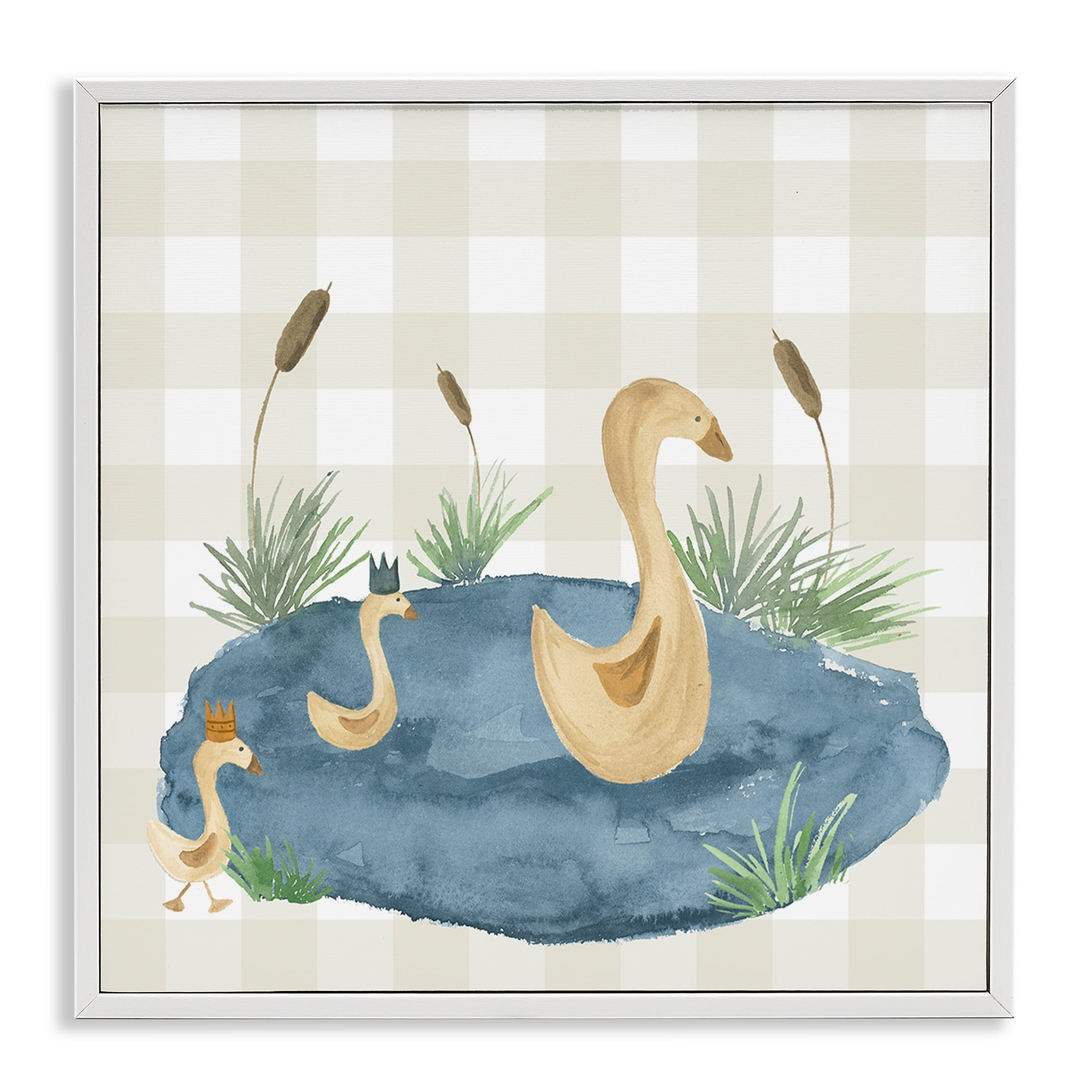 Stupell Industries Duck Family in Pond Animals Painting White Framed Art Print Wall Art, 24 x 24
