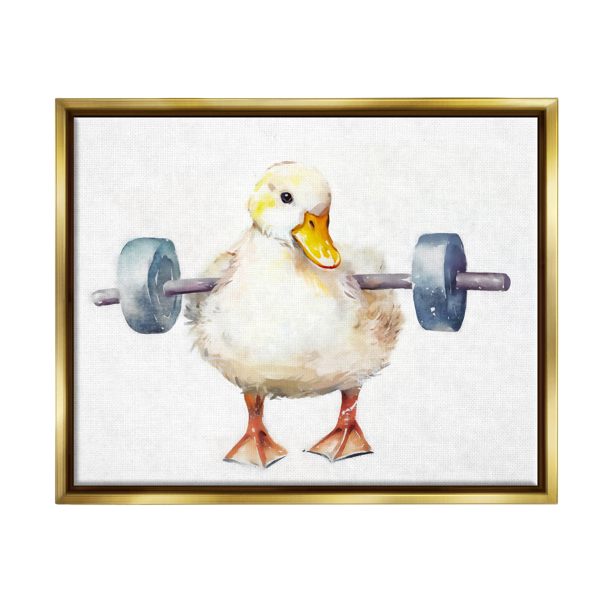 Stupell Industries Duck Lifting Weights Animals & Insects Painting Gold Floater Framed Canvas Art Print Wall Art, 31 x 25