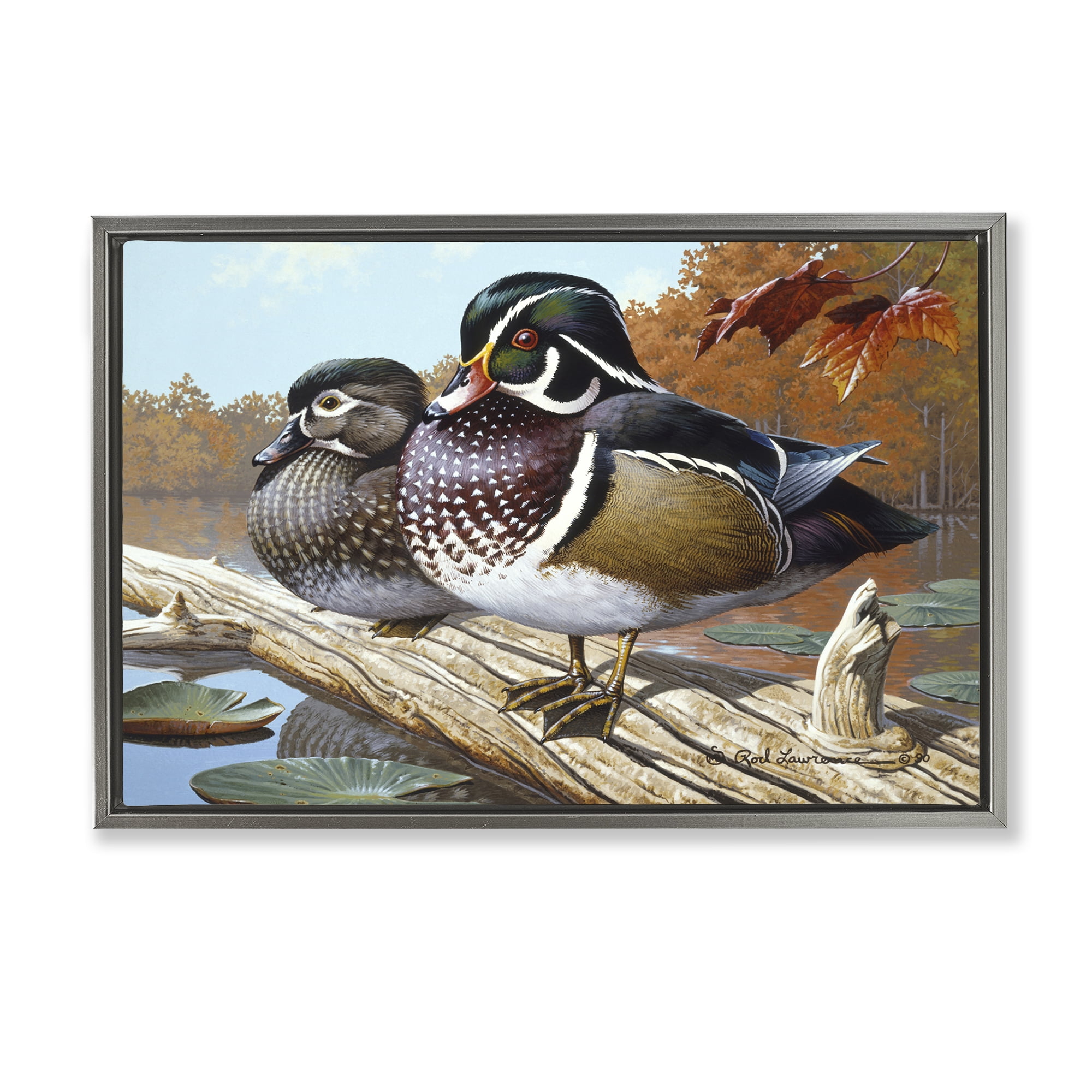 Stupell Industries Duck Pair on Driftwood Animals Painting Gray Floater Framed Canvas Art Print Wall Art, 31 x 21
