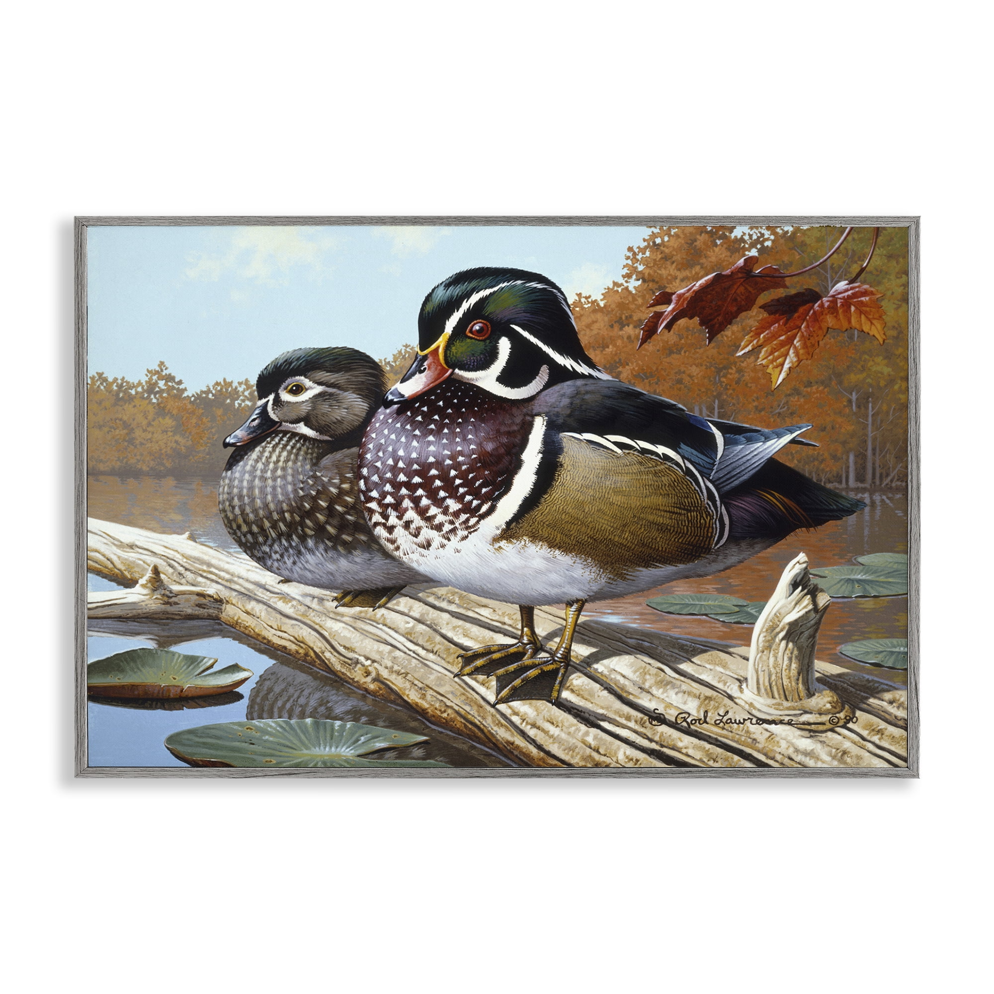 Stupell Industries Duck Pair on Driftwood Animals Painting Gray Framed Art Print Wall Art, 24 x 16