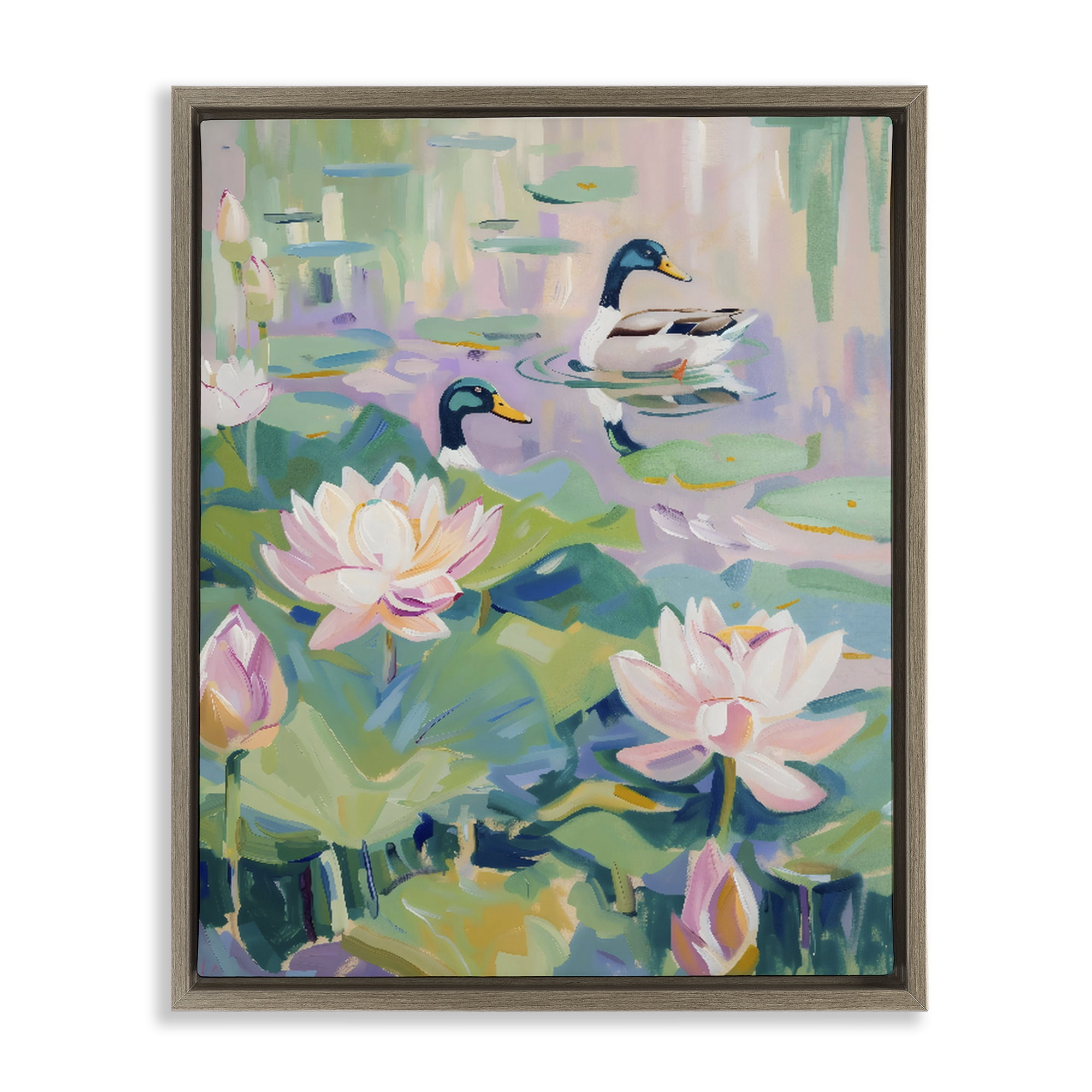 Stupell Industries Duck Pond with Lotus Flowers Brown Framed Floater Canvas Wall Art, design by The Prints Vibe