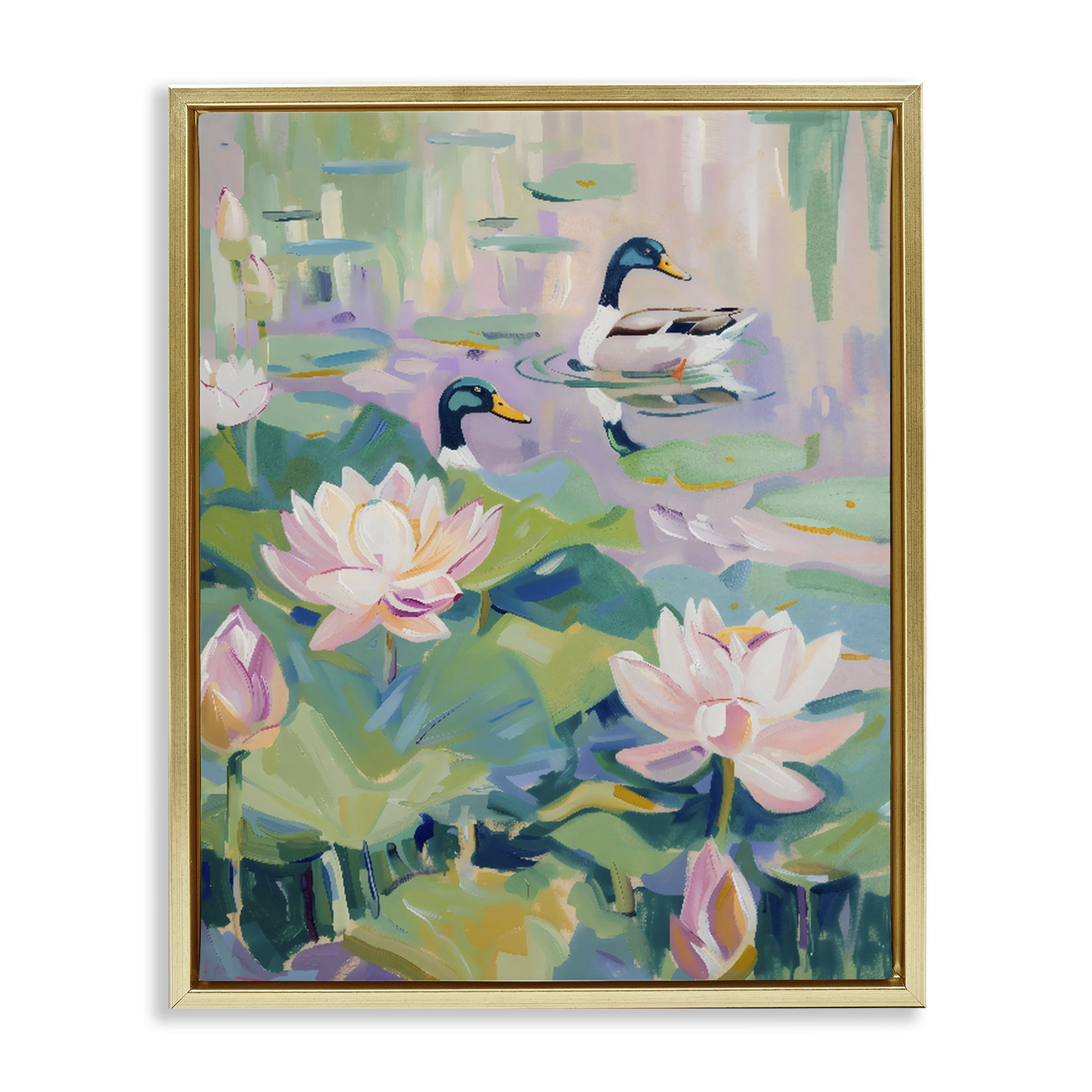 Stupell Industries Duck Pond with Lotus Flowers Gold Framed Floater Canvas Wall Art, design by The Prints Vibe