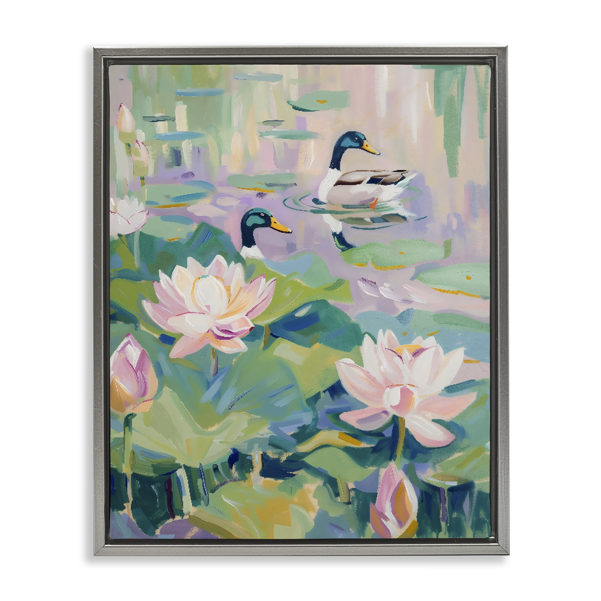 Stupell Industries Duck Pond with Lotus Flowers Gray Framed Floater Canvas Wall Art, design by The Prints Vibe