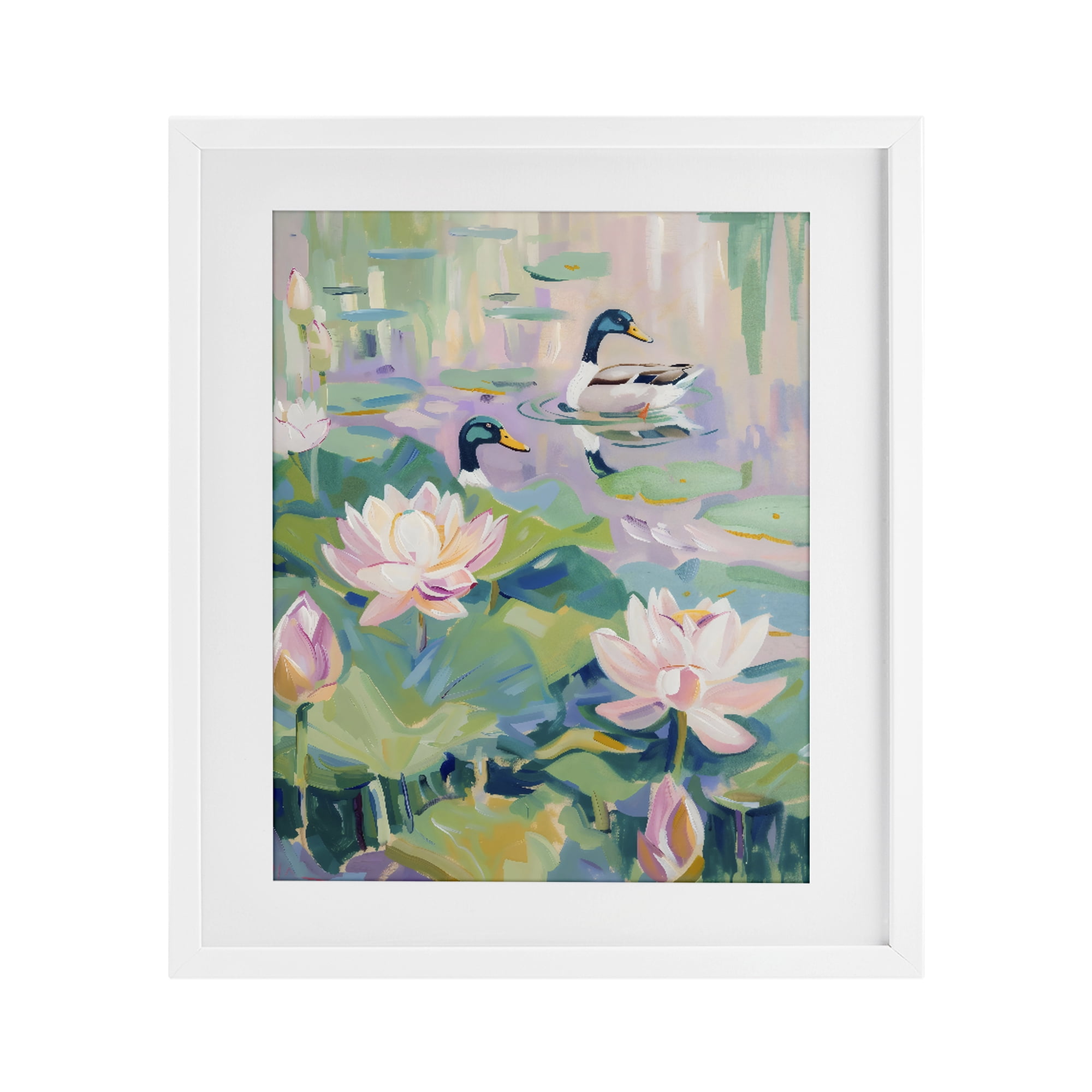 Stupell Industries Duck Pond with Lotus Flowers White Framed Print Under Glass, design by The Prints Vibe