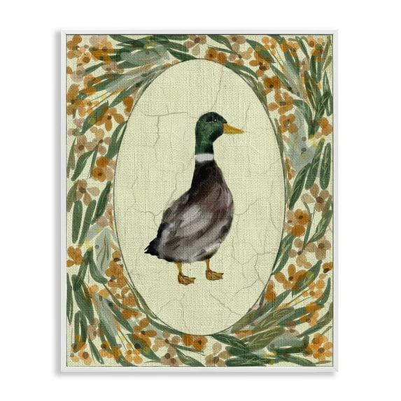 Stupell Industries Duck Portrait with Florals White Framed Giclee Art design by Yen, 14 x 11