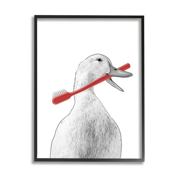 Stupell Industries Duck & Toothbrush Portrait Animals & Insects Painting Black Framed Art Print Wall Art