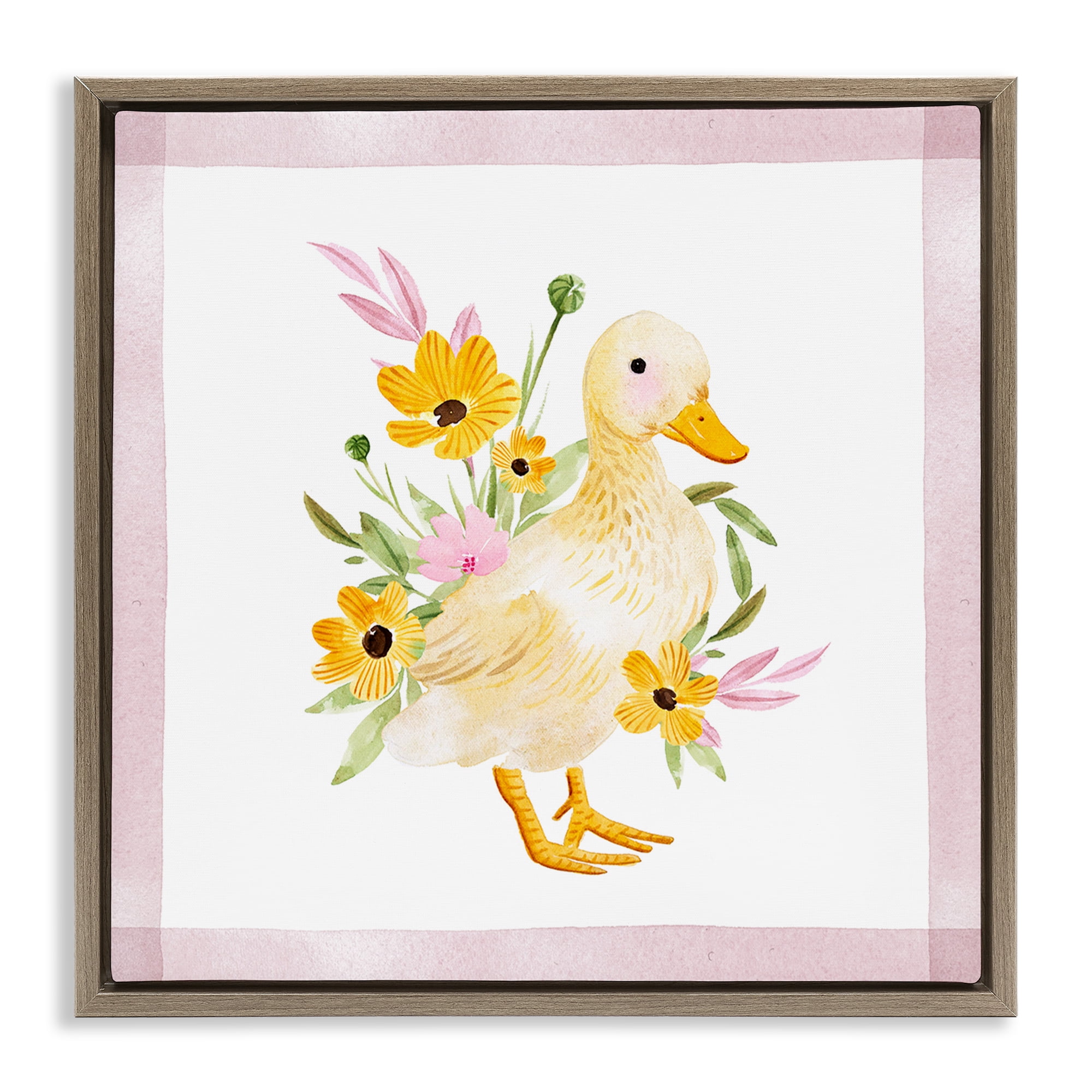 Stupell Industries Duck & Yellow Daisies Animals & Insects Painting Brown Floater Framed Canvas Art Print Wall Art, 25 x 25