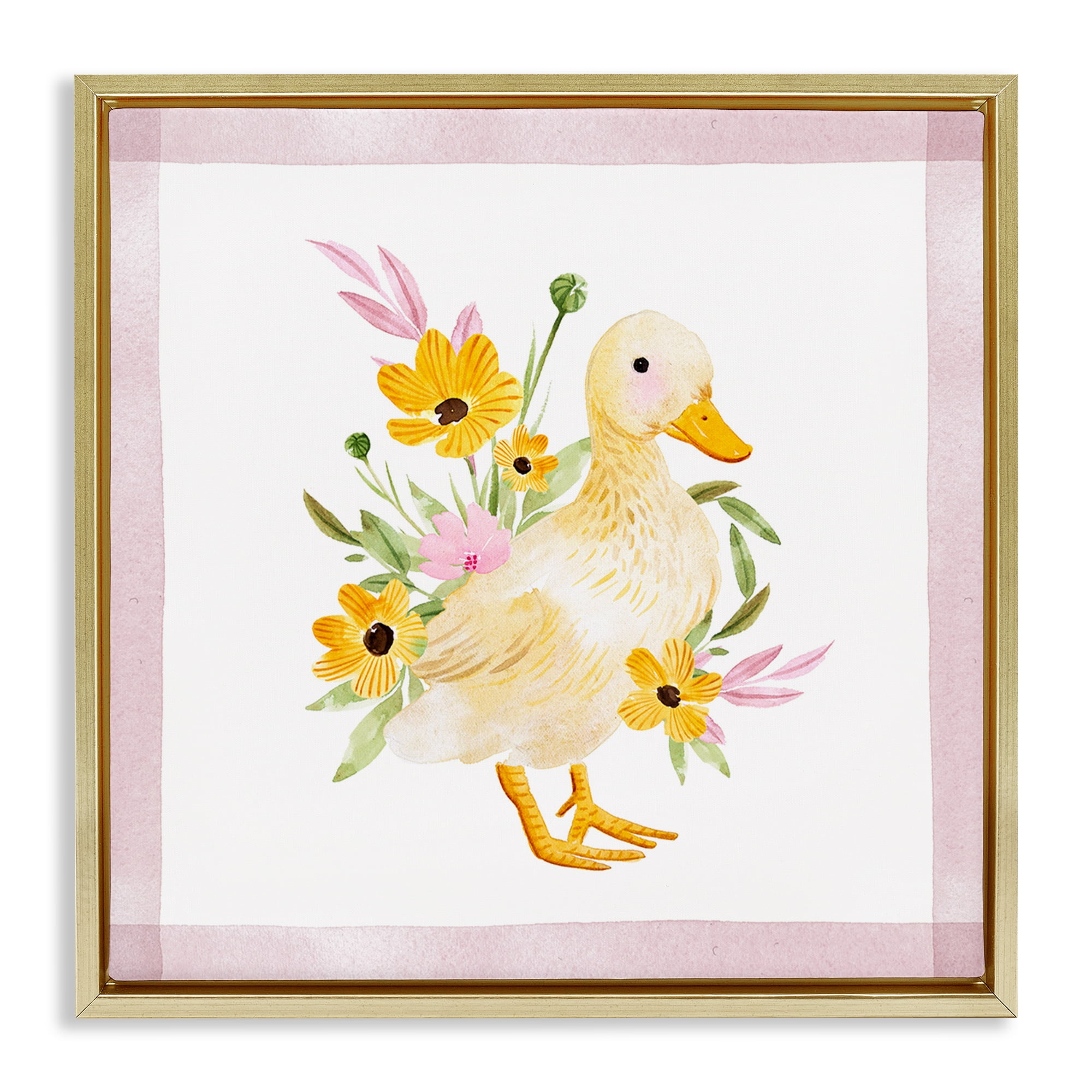 Stupell Industries Duck & Yellow Daisies Animals & Insects Painting Gold Floater Framed Canvas Art Print Wall Art, 18 x 18