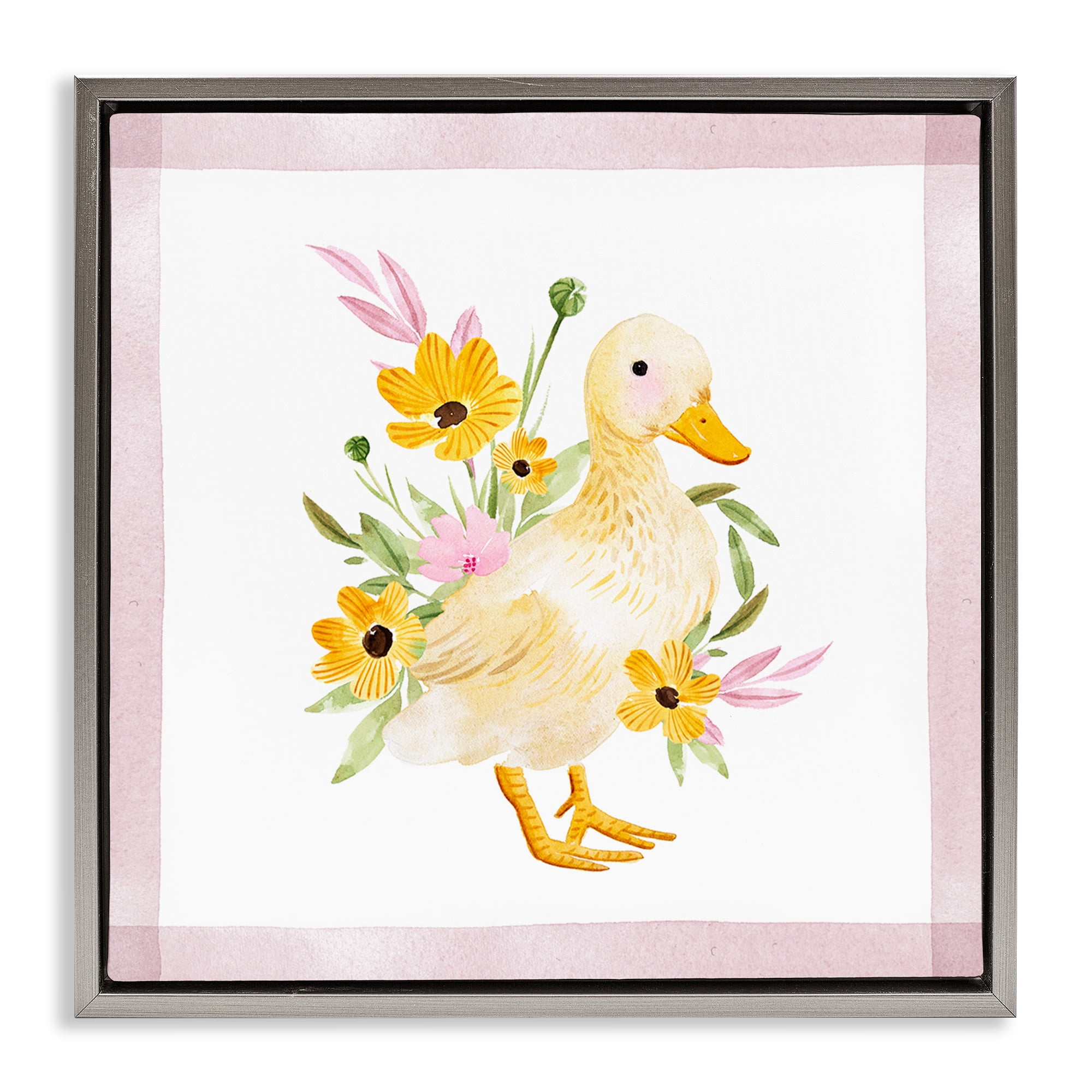 Stupell Industries Duck & Yellow Daisies Animals & Insects Painting Gray Floater Framed Canvas Art Print Wall Art, 18 x 18