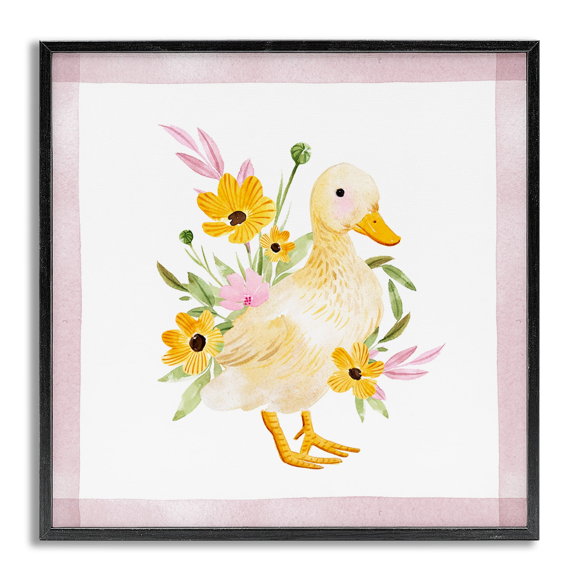 Stupell Industries Duck & Yellow Daisies Animals & Insects Painting Gray Framed Art Print Wall Art, 17 x 17