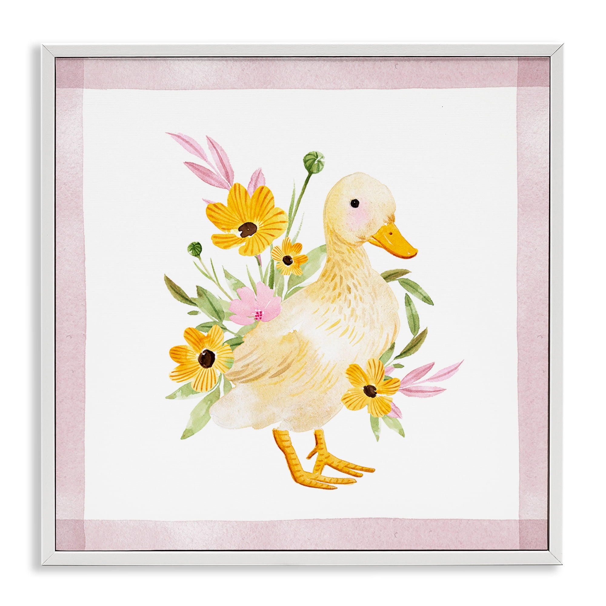 Stupell Industries Duck & Yellow Daisies Animals & Insects Painting White Framed Art Print Wall Art, 24 x 24
