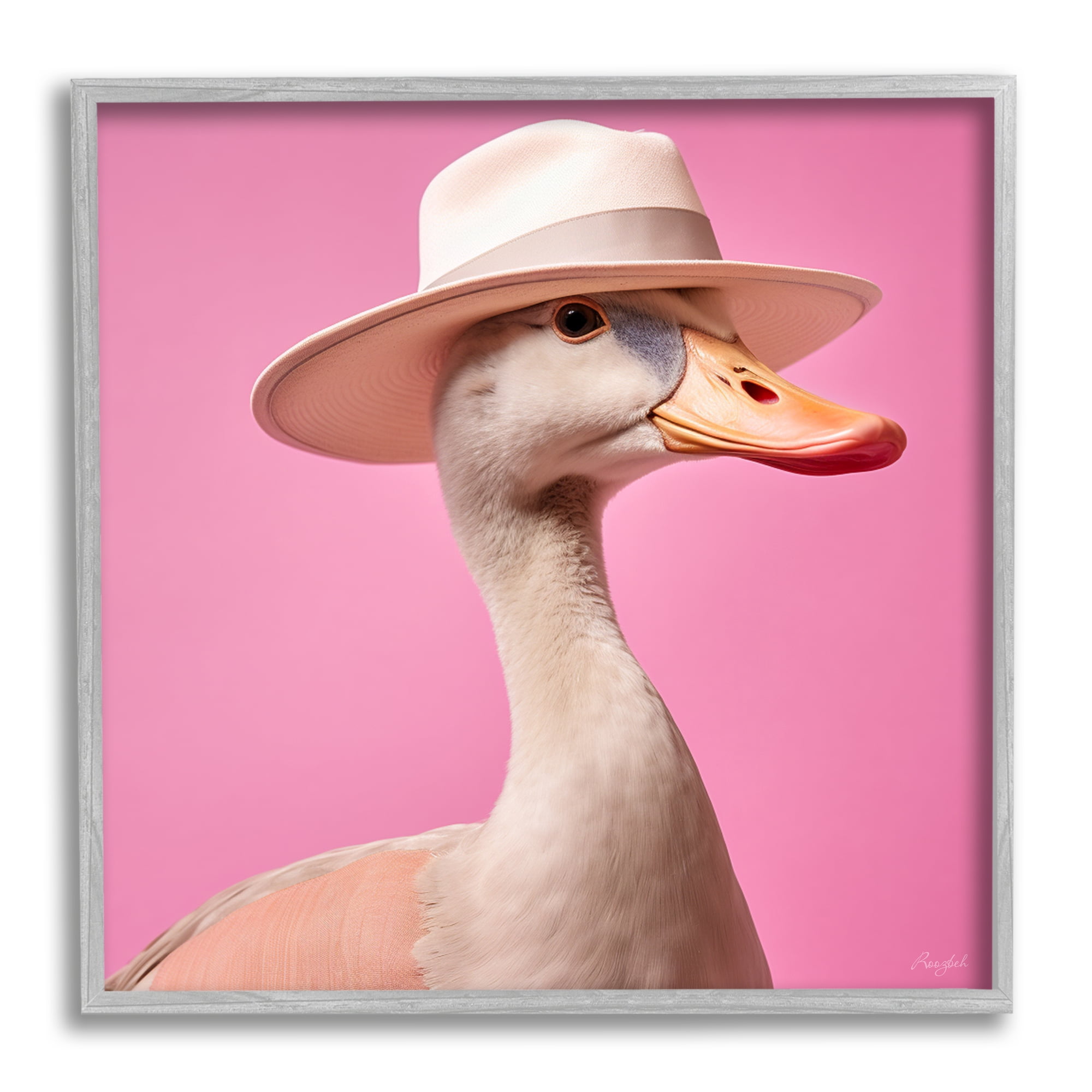 Stupell Industries Duck in Hat on Pink Animals & Insects Painting Gray Framed Art Print Wall Art, 24 x 24
