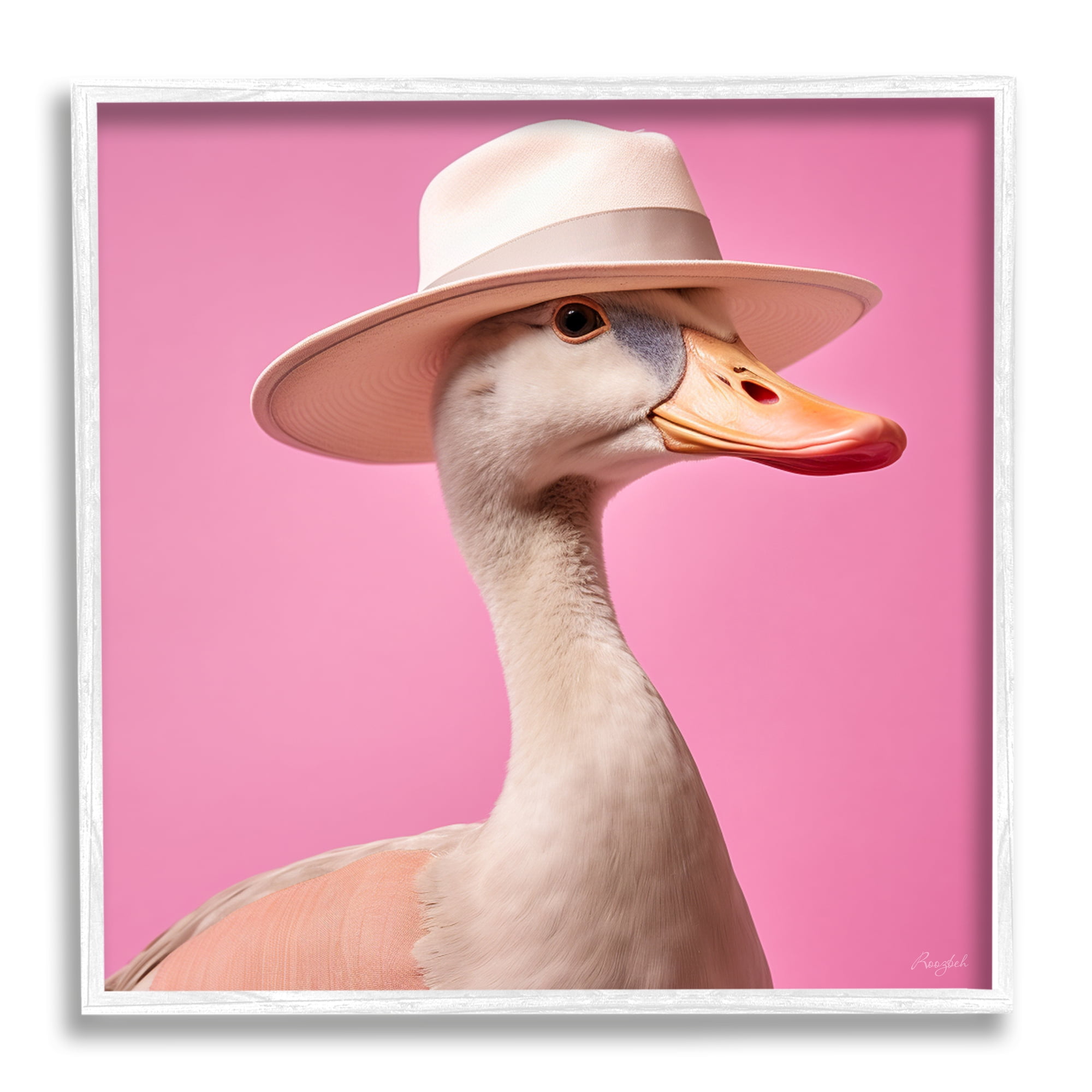 Stupell Industries Duck in Hat on Pink Animals & Insects Painting White Framed Art Print Wall Art, 17 x 17