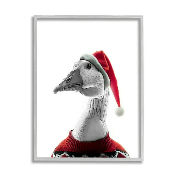 Stupell Industries Duck in Santa Hat Holiday Painting Gray Framed Art Print Wall Art, 16 x 20