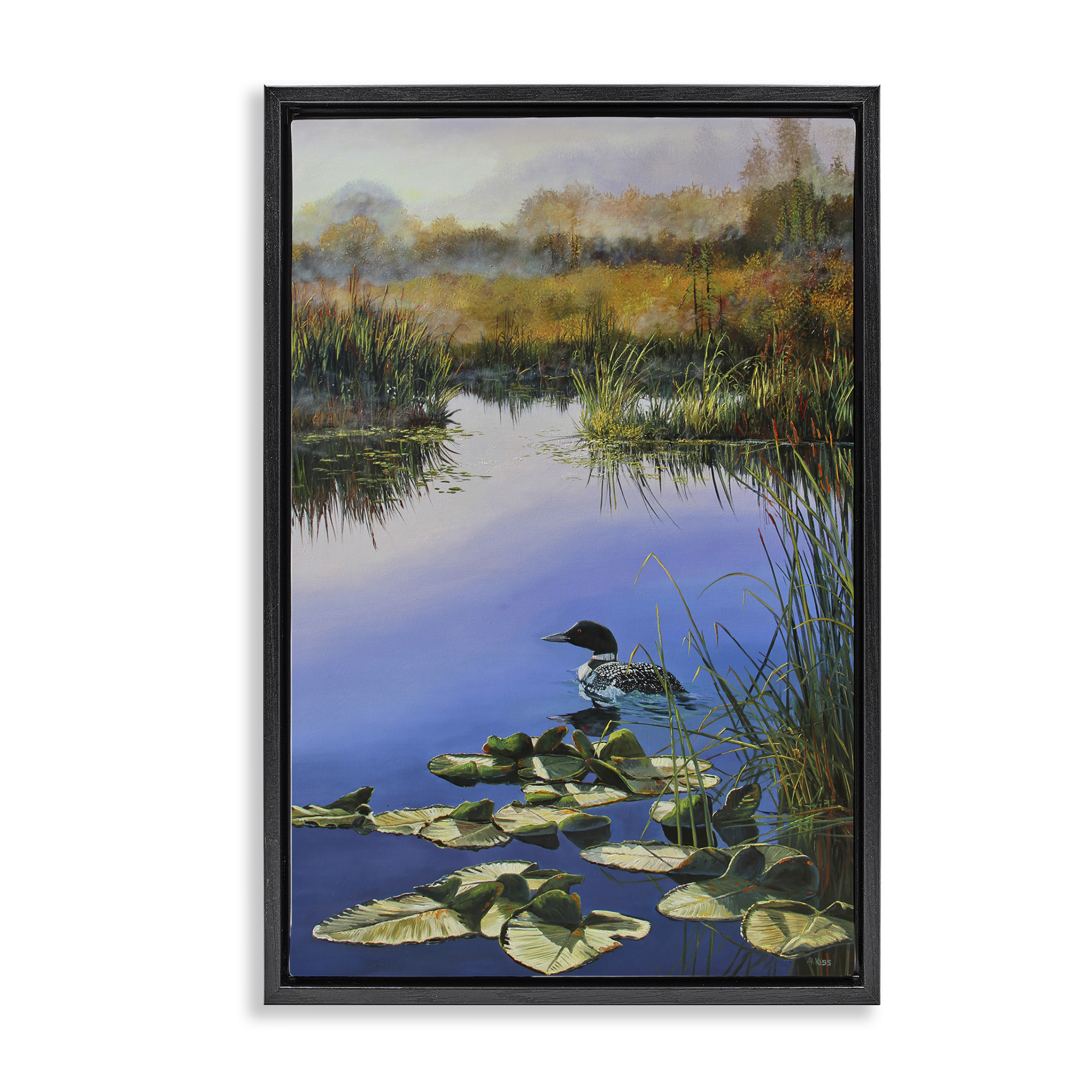 Stupell Industries Duck's Morning Solitude Landscape & Nature Painting Black Floater Framed Canvas Art Print Wall Art, 21 x 31