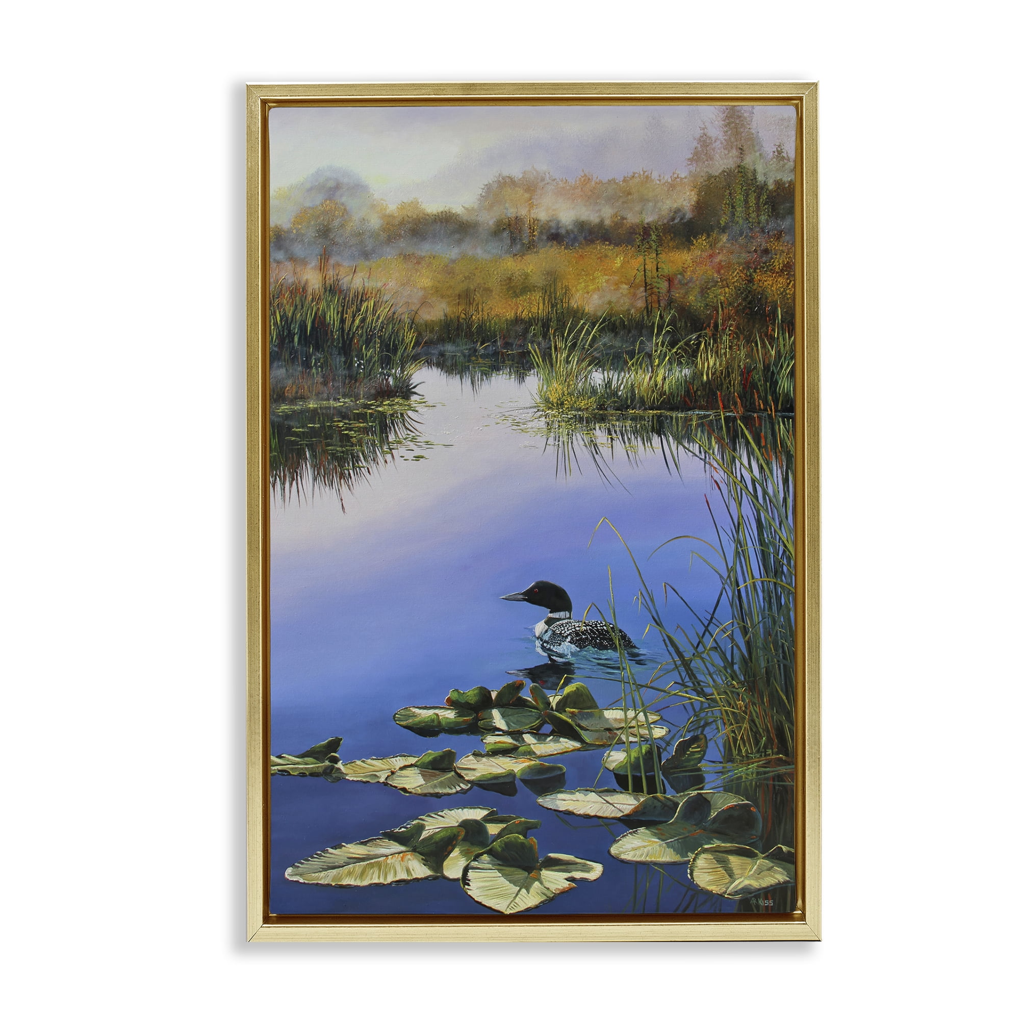 Stupell Industries Duck's Morning Solitude Landscape & Nature Painting Gold Floater Framed Canvas Art Print Wall Art, 17 x 25