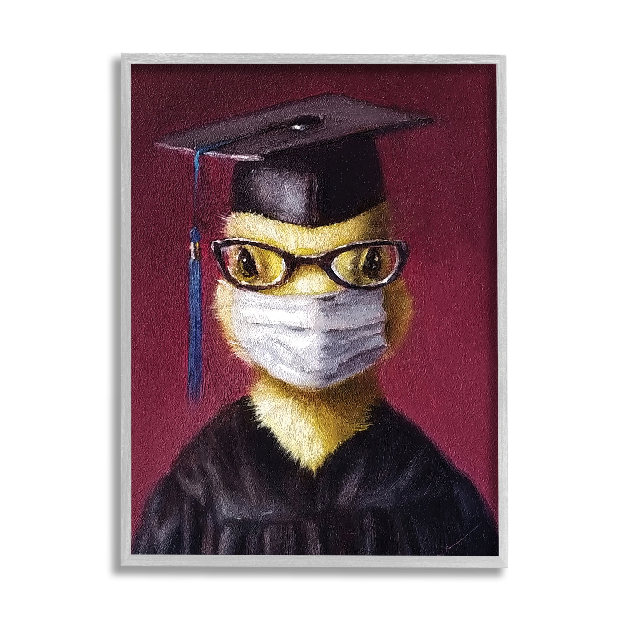 Stupell Industries Duckling Bird Graduate Face Mask over Red Animals & Insects Painting Gray Framed Art Print Wall Art, 16 x 20
