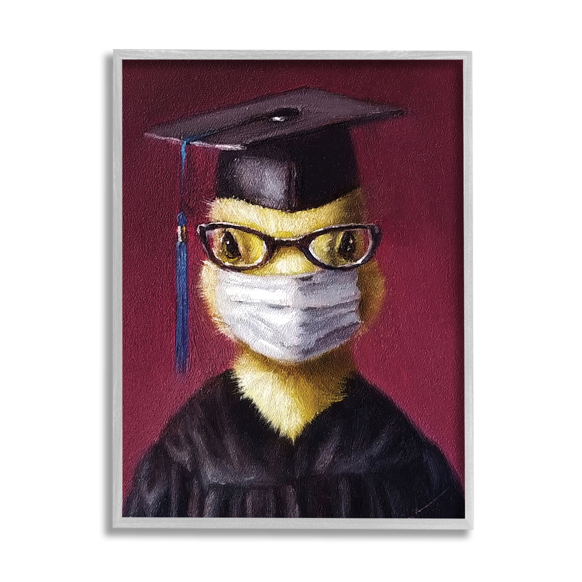 Stupell Industries Duckling Bird Graduate Face Mask over Red Paintings Gray Framed Art Print Wall Art, 11x14, by Lucia Heffernan