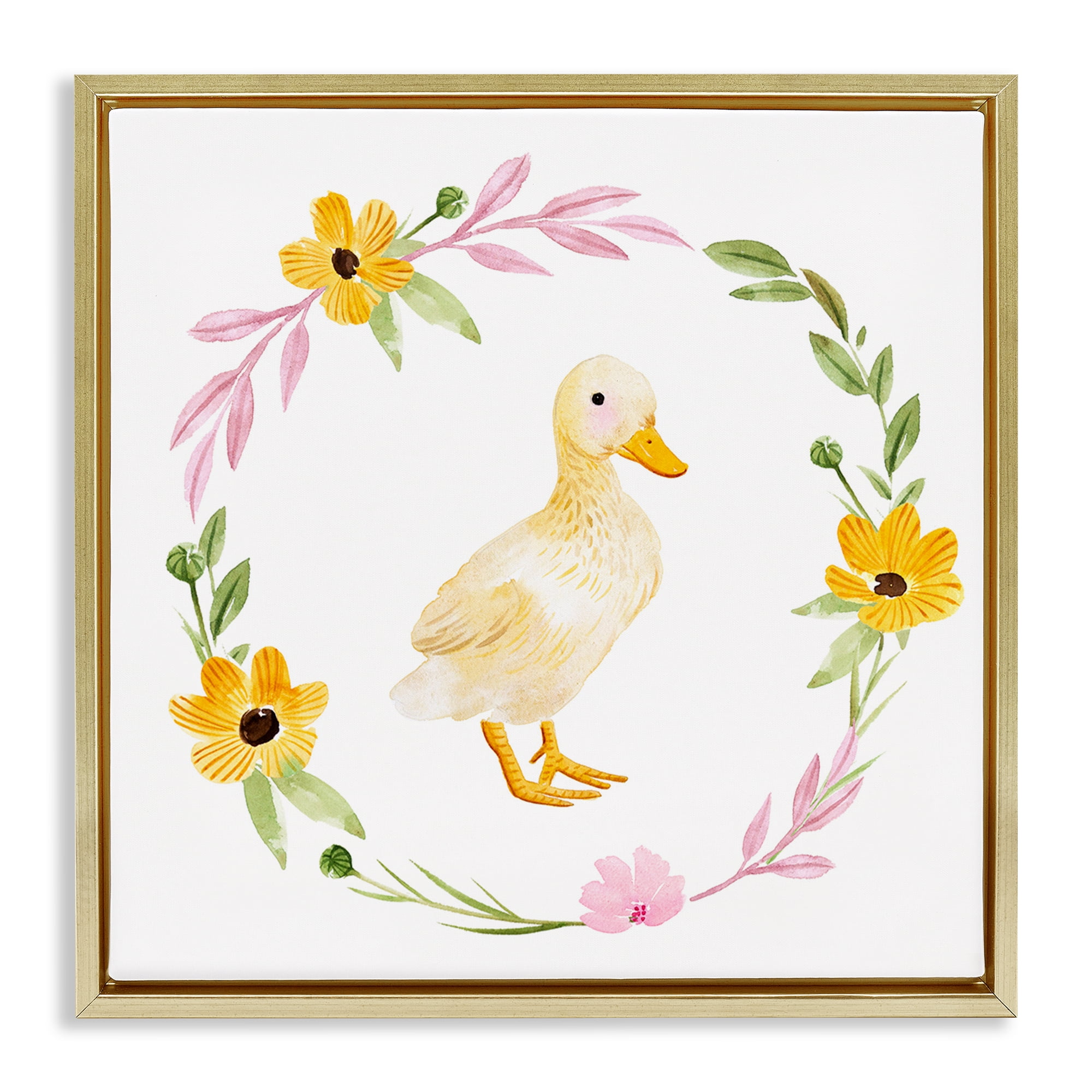 Stupell Industries Duckling with Daisy Wreath Animals & Insects Painting Gold Floater Framed Canvas Art Print Wall Art, 25 x 25
