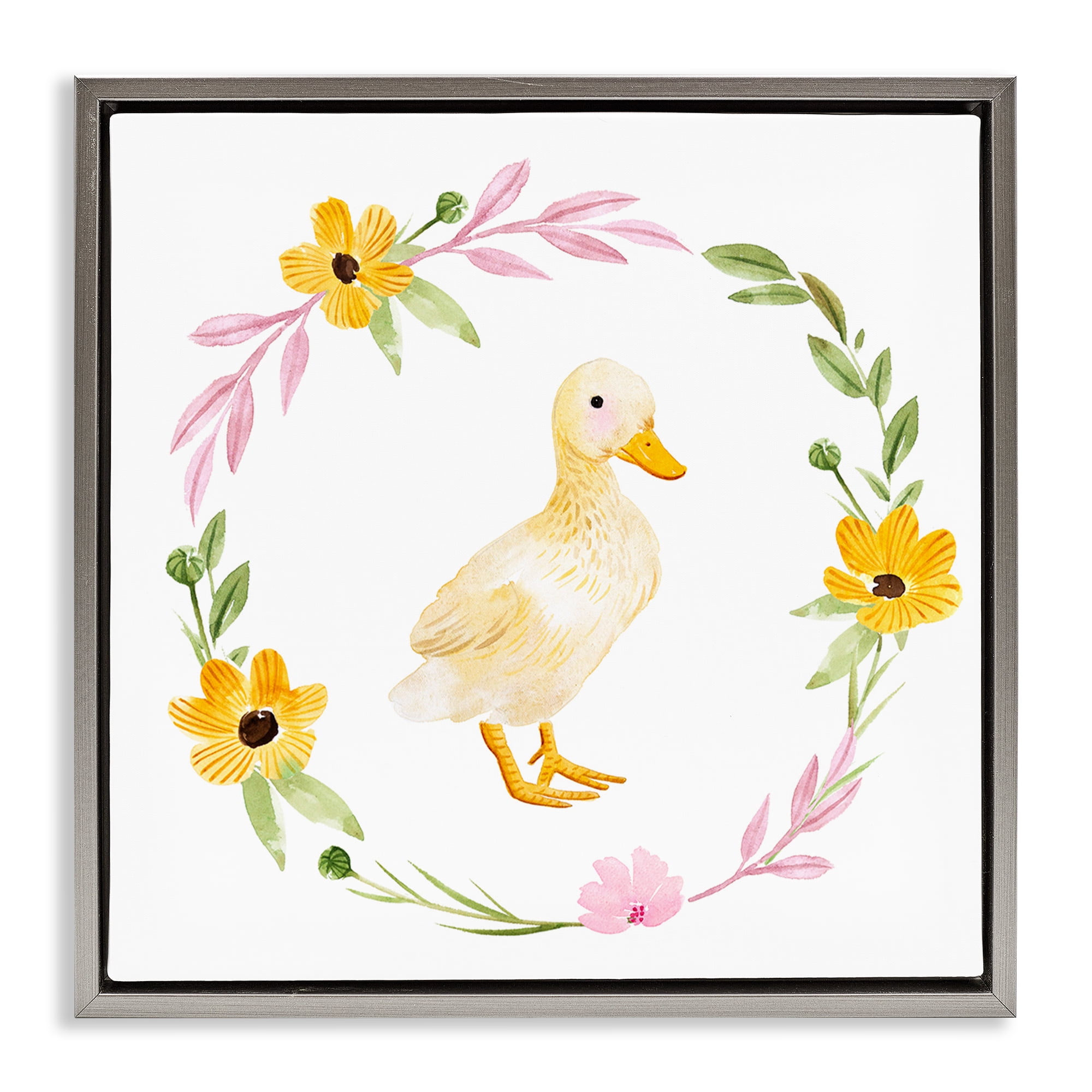 Stupell Industries Duckling with Daisy Wreath Animals & Insects Painting Gray Floater Framed Canvas Art Print Wall Art, 25 x 25